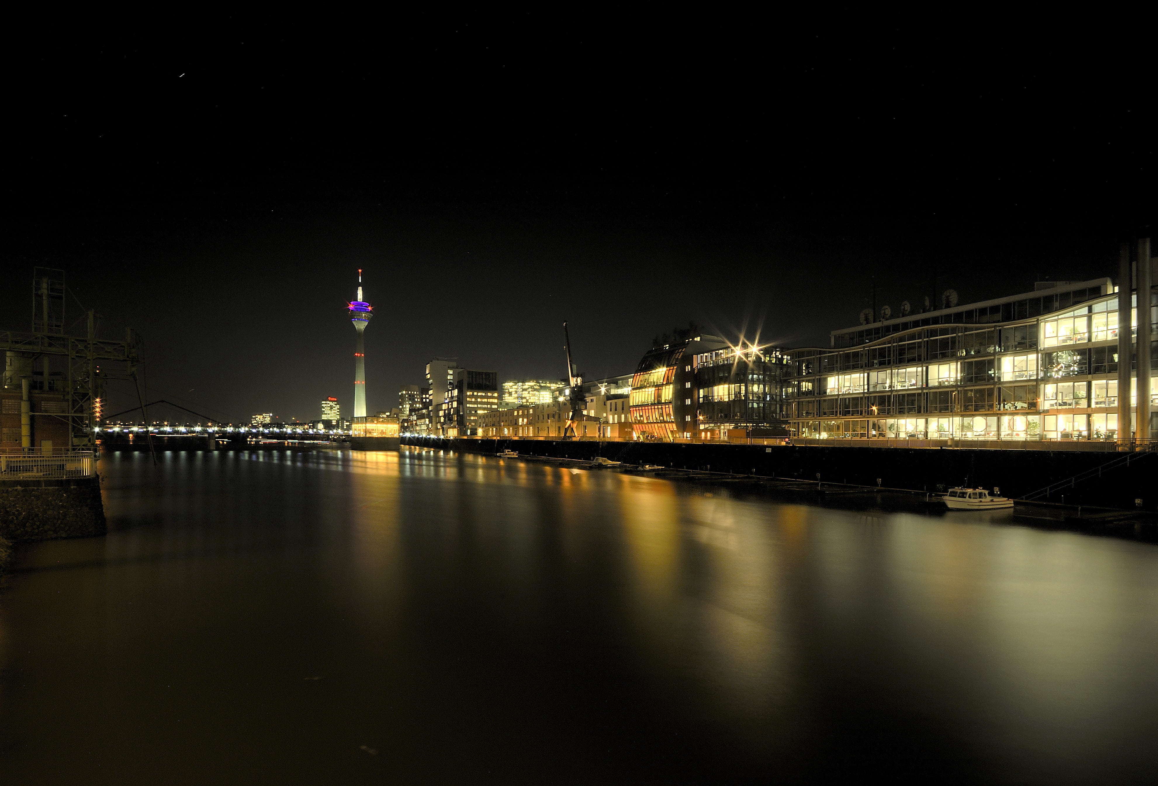 night, pier, river, rhine tower, travel destinations, dri, nature, 4K, no people, transportation, reflection, built structure, harbour area, copy space, HD Wallpaper