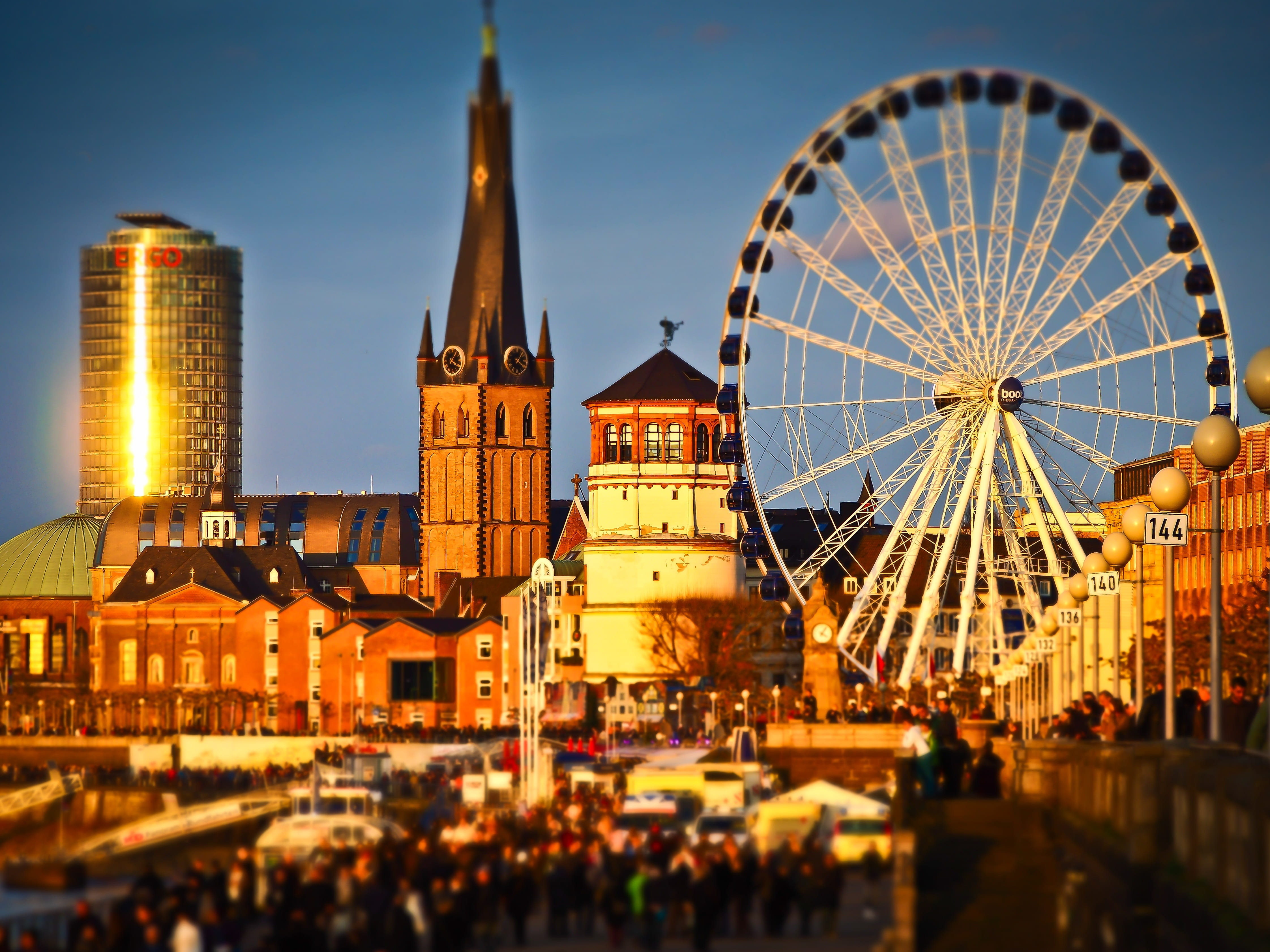 urban, travel, london, rhine promenade, city, spire, building exterior, amusement park, clear sky, tilt shift, sky, outdoors, rhine river, church, crowd, HD Wallpaper