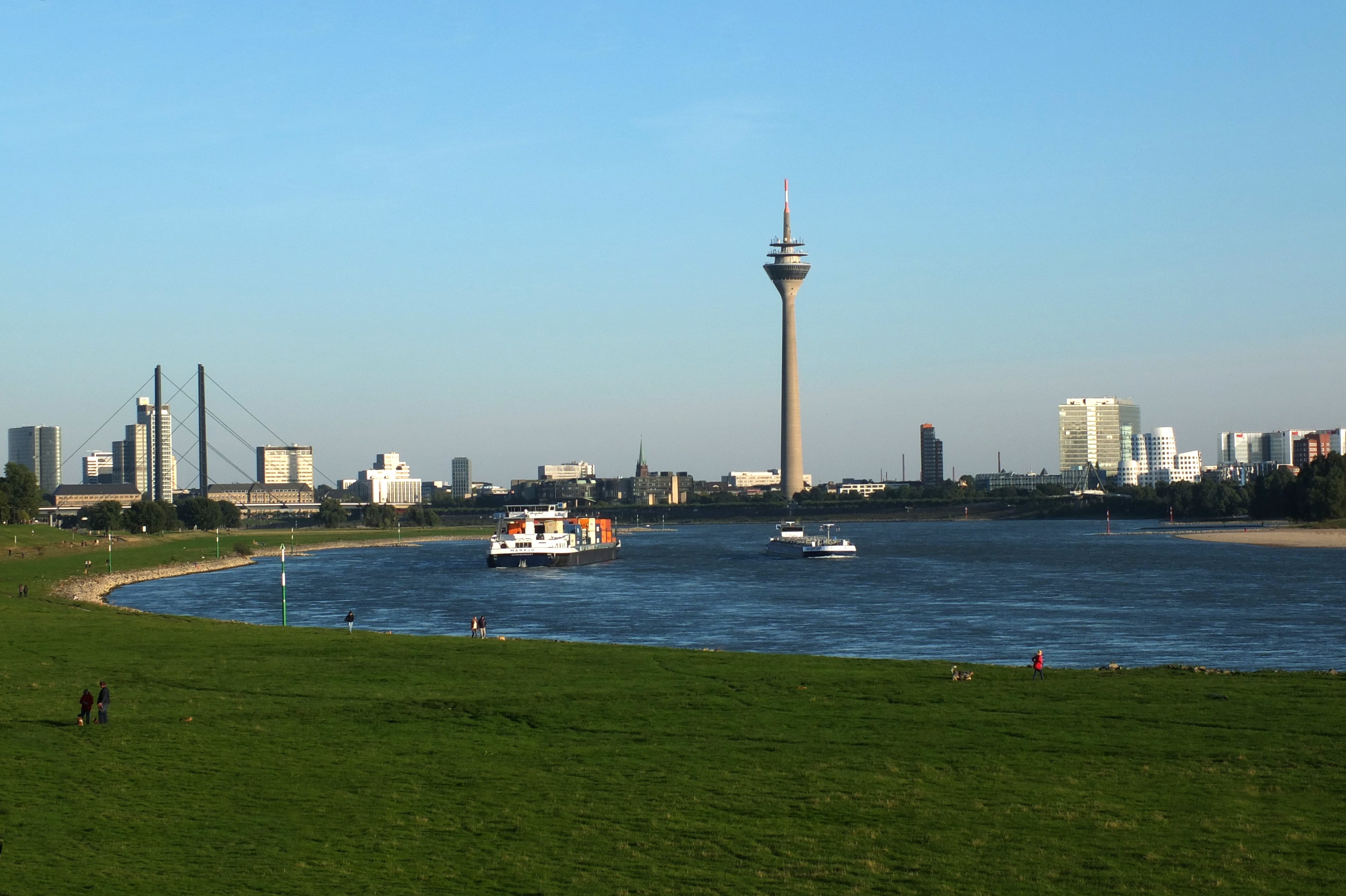 spire, grass, river landscape, Düsseldorf, evening, nature, tower, built structure, office building exterior, Skyline, ships, travel, architecture, cityscape, HD Wallpaper