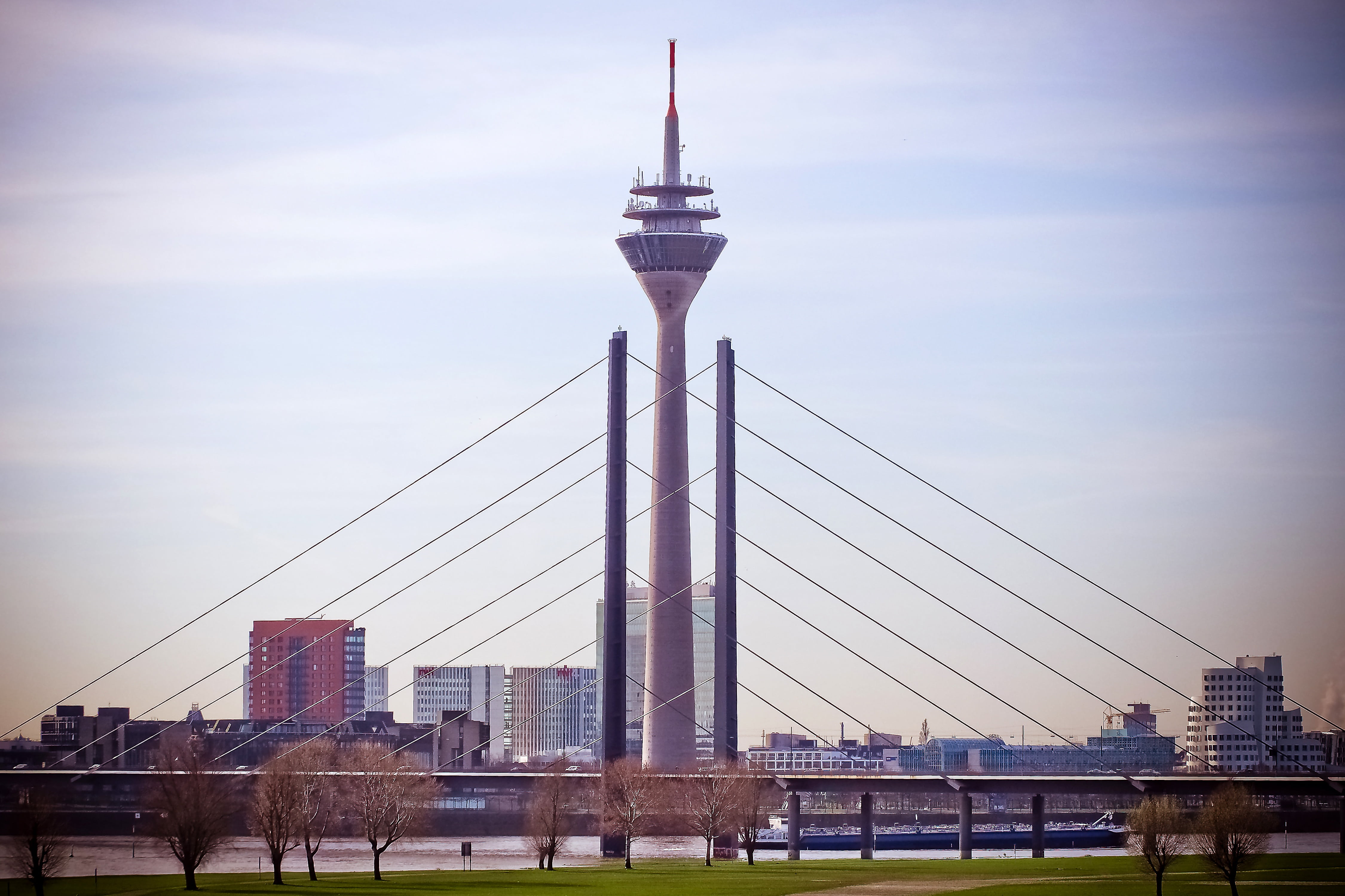 engineering, city view, tv tower, sunset, rhine meadow, transportation, tall - high, rhine river, city, space, outdoors, skyscraper, building exterior, HD Wallpaper
