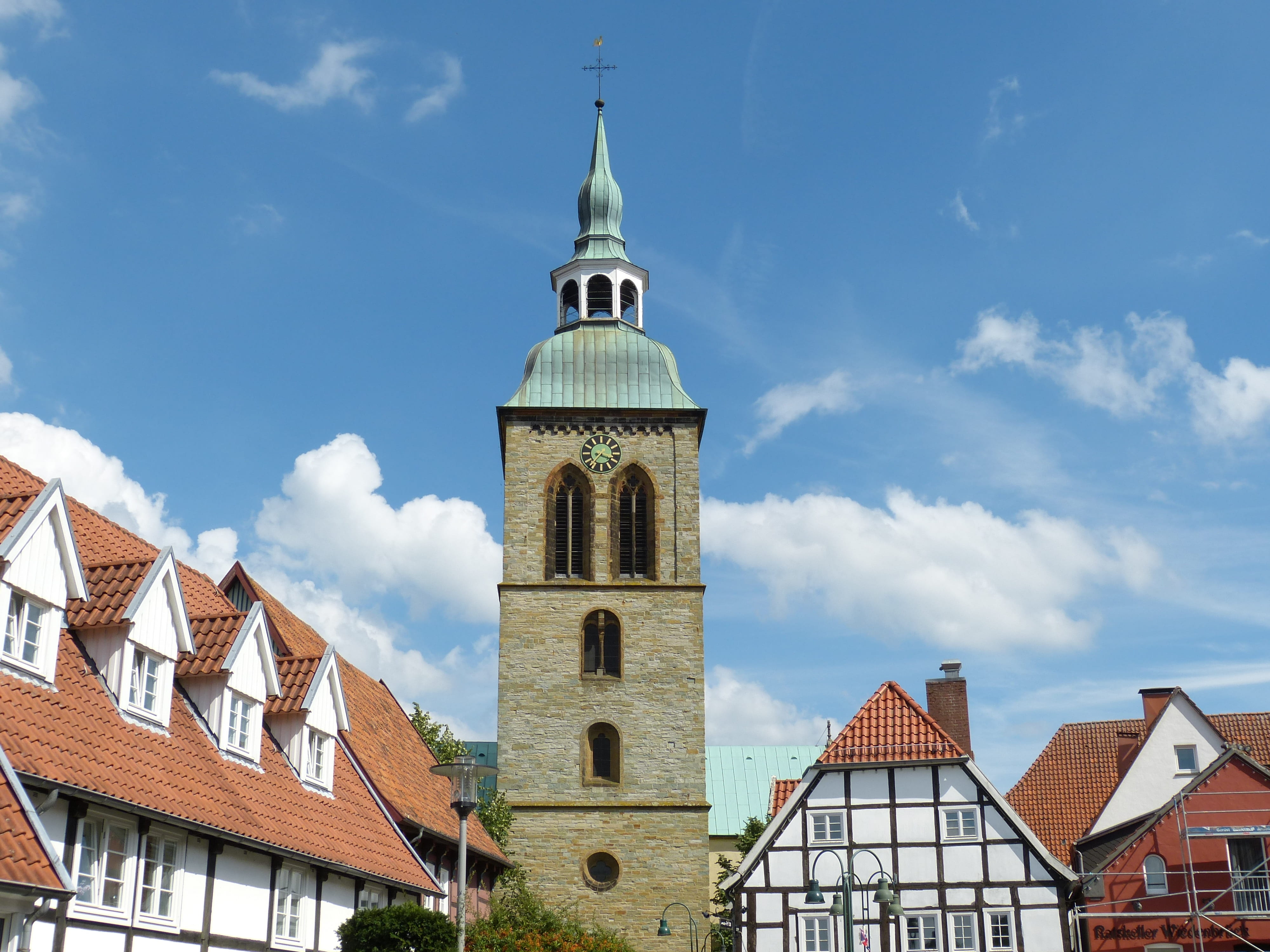 church, place of worship, historically, rheda-wiedenbrück, building, cloud - sky, day, spirituality, wiedenbrück, historic old town, history, architecture, HD Wallpaper