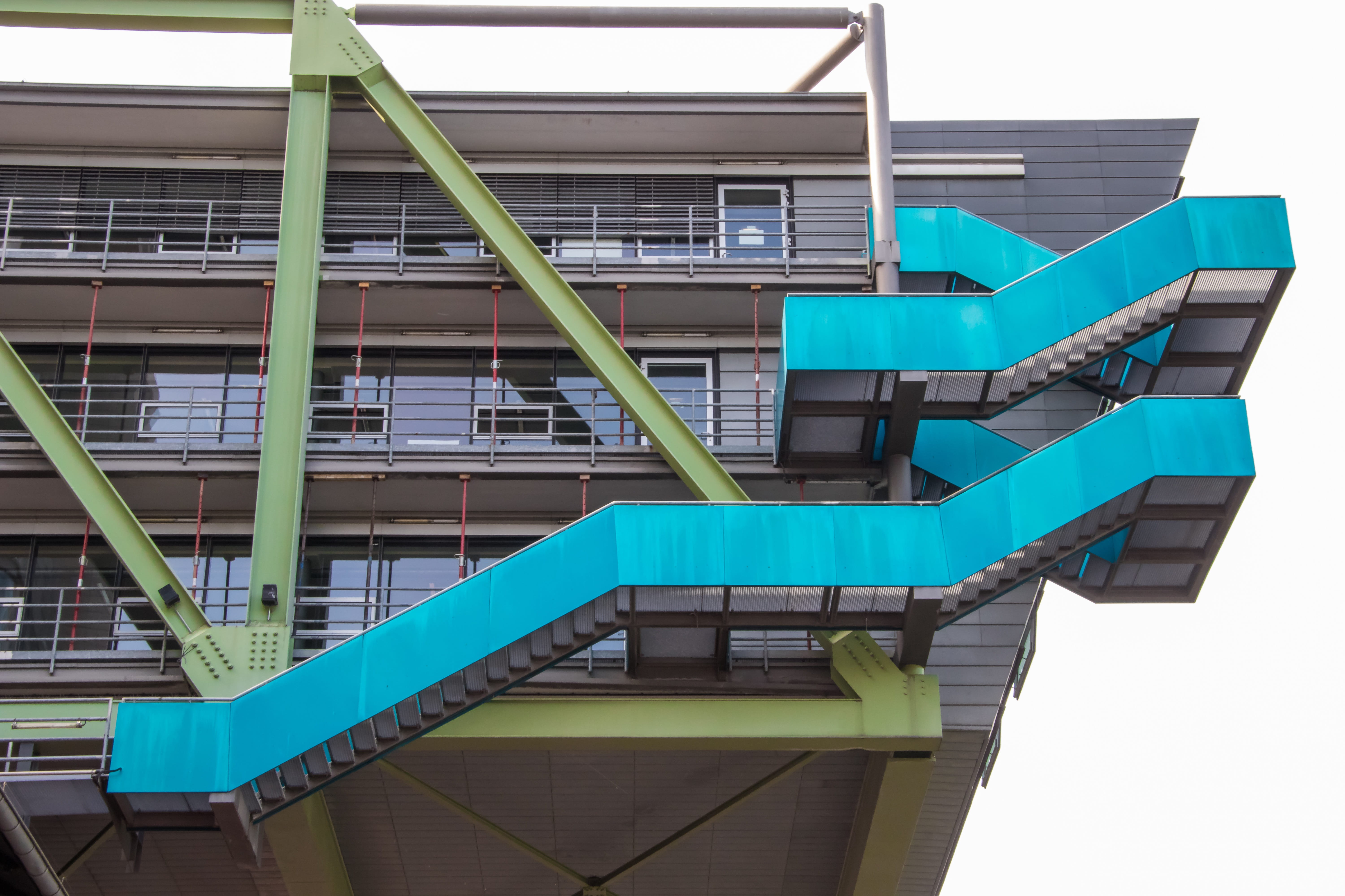 nature, factory, media harbour, staircase, outdoors, no people, building, building exterior, city, 5K, port, metal, harbour area, blue, modern, turquoise colored, HD Wallpaper