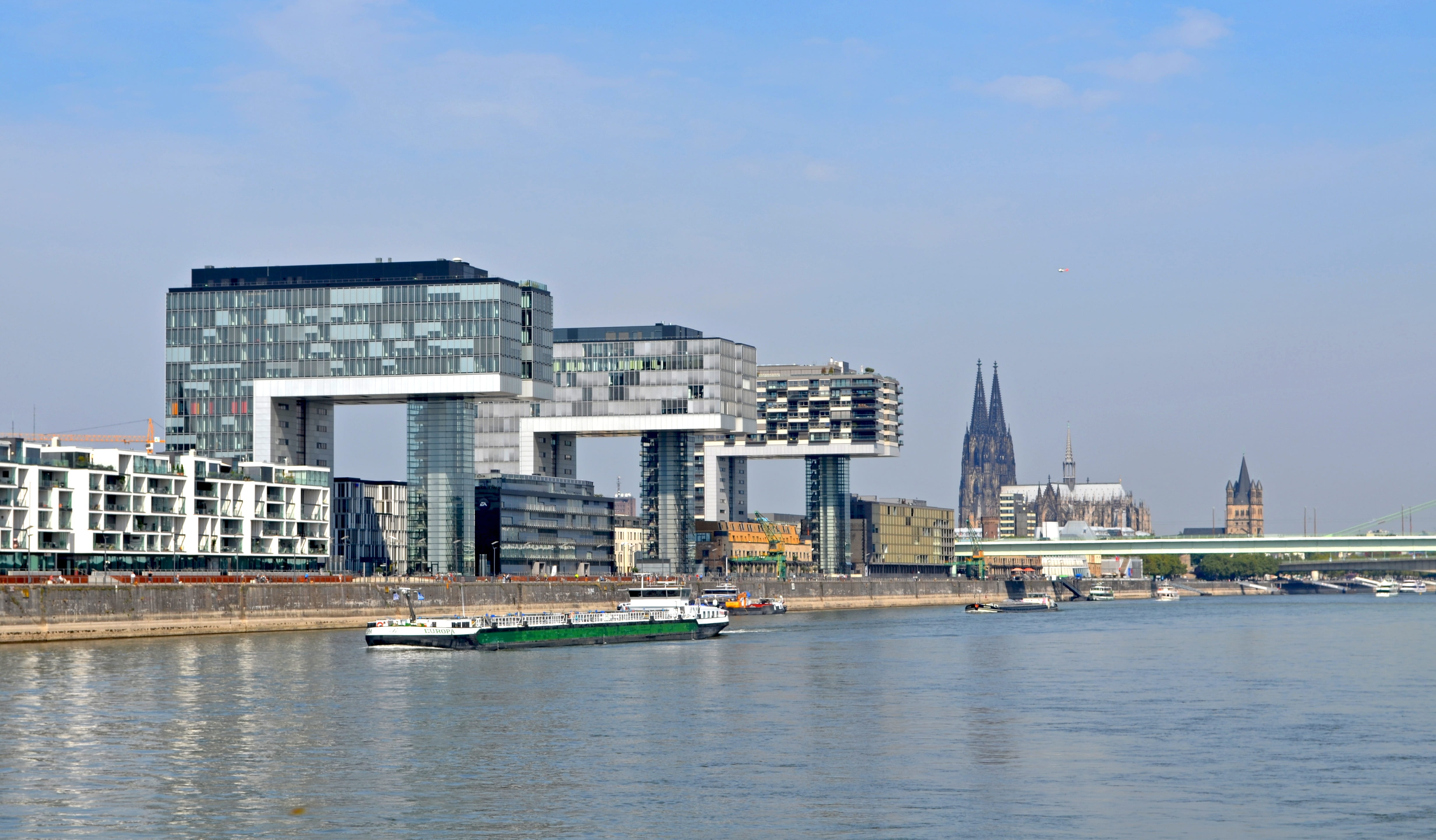 water, 4K, day, rhine, crane homes, waterfront, office building exterior, places of interest, germany, rhine harbor, built structure, modern, building, HD Wallpaper