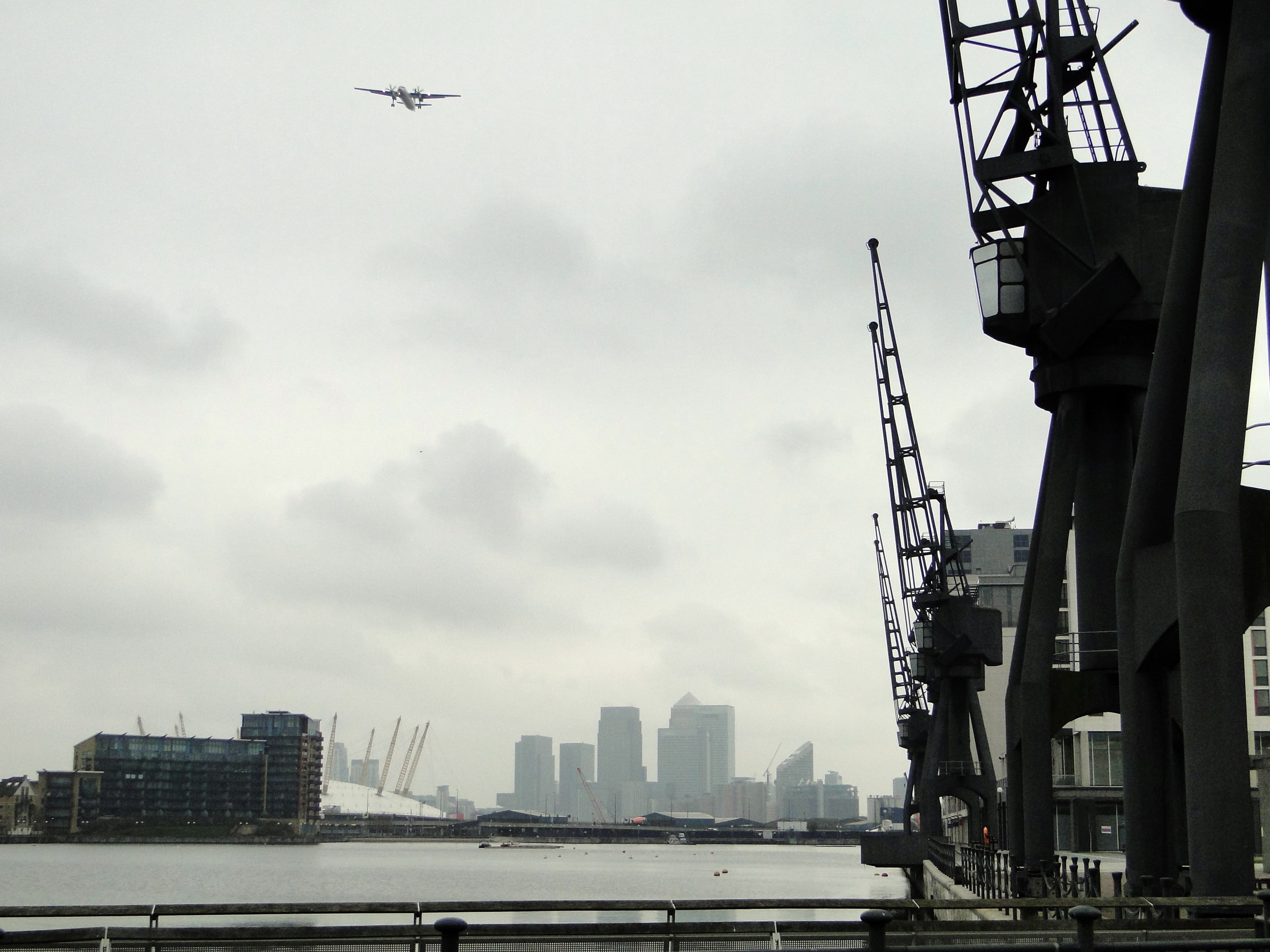 sky, industry, built structure, technology, cityscape, 2K, cranes, architecture, cloud - sky, low angle view, loading crane, england, travel, united kingdom, HD Wallpaper