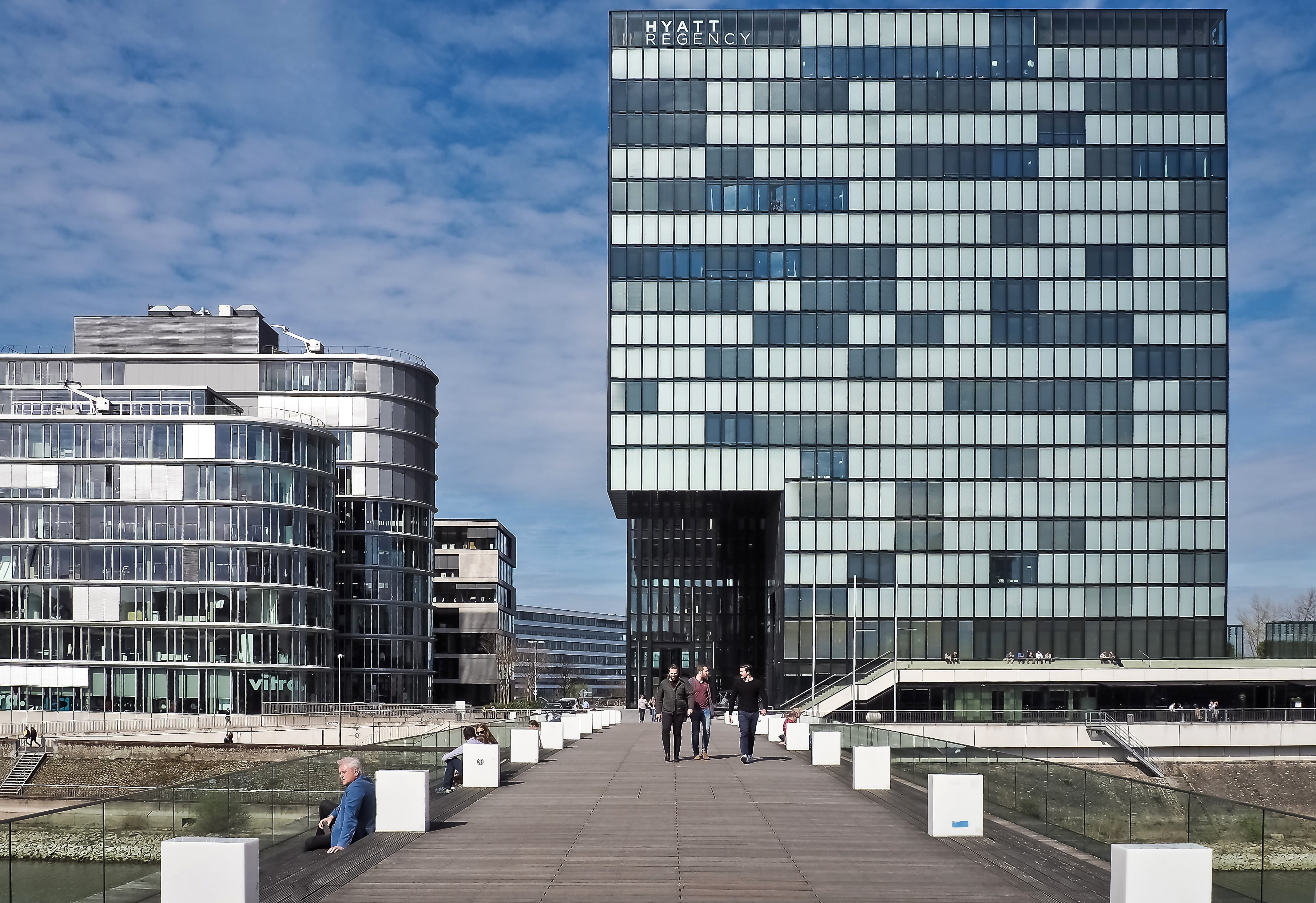 person, tourism, city, media harbour, elegant, wood, real people, town center, blue, sky, incidental people, clouds, bridge - man made structure, urban, HD Wallpaper
