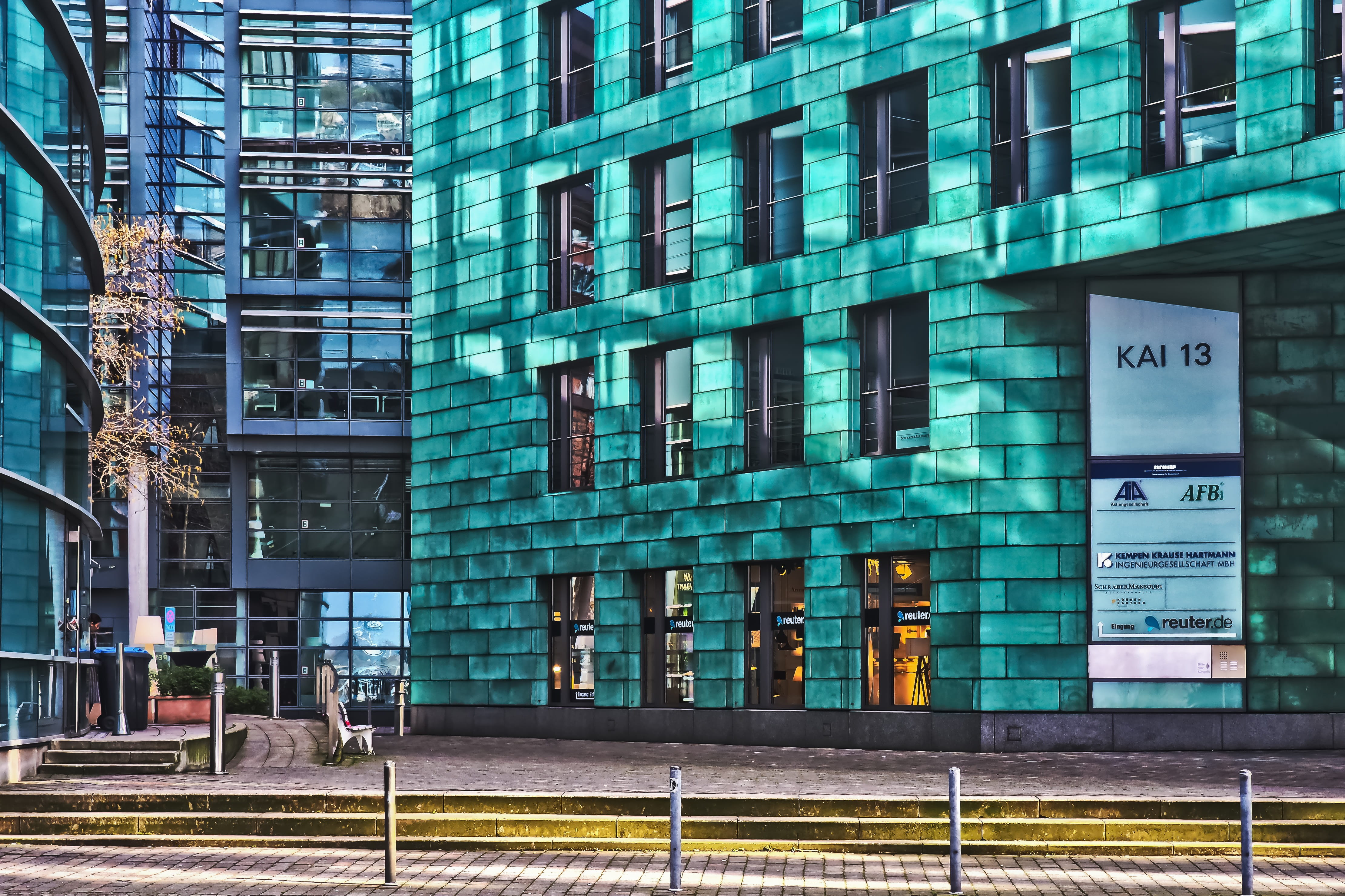 city, architecture, window, media harbour, 4K, outdoors, glass - material, design, office building, day, road, modern, building exterior, office building exterior, HD Wallpaper