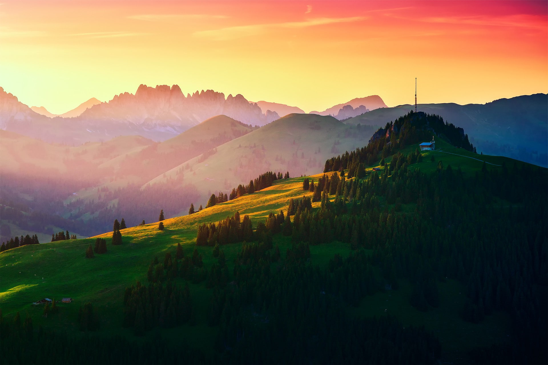 summer, forest, radio, hills, 1080P, tower, mountains, Switzerland, radio tower, HD Wallpaper
