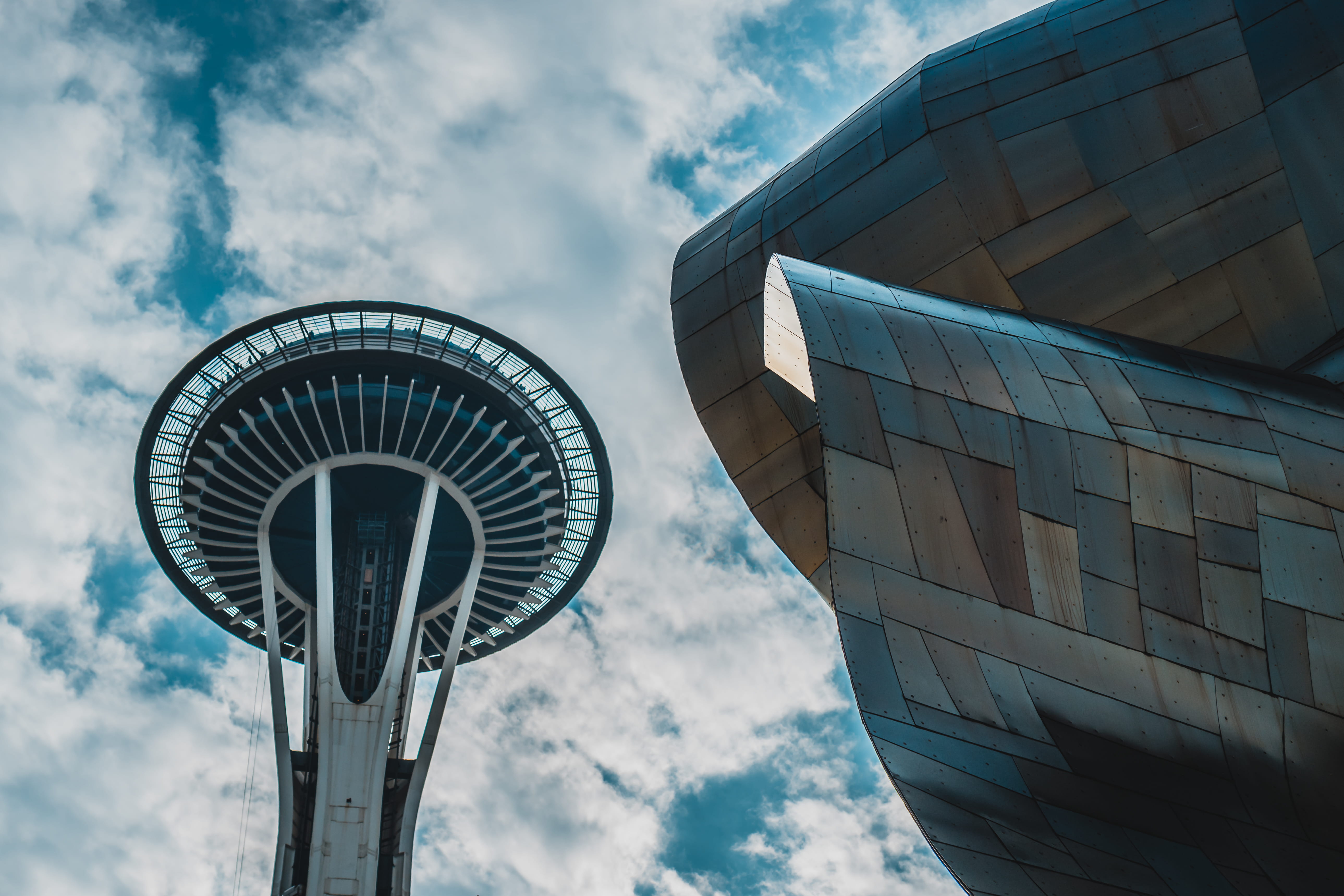 modern, tall - high, 5K, frank gehry, built structure, city, blue, seattle museum, united states, skyscraper, no people, office building exterior, tower, HD Wallpaper