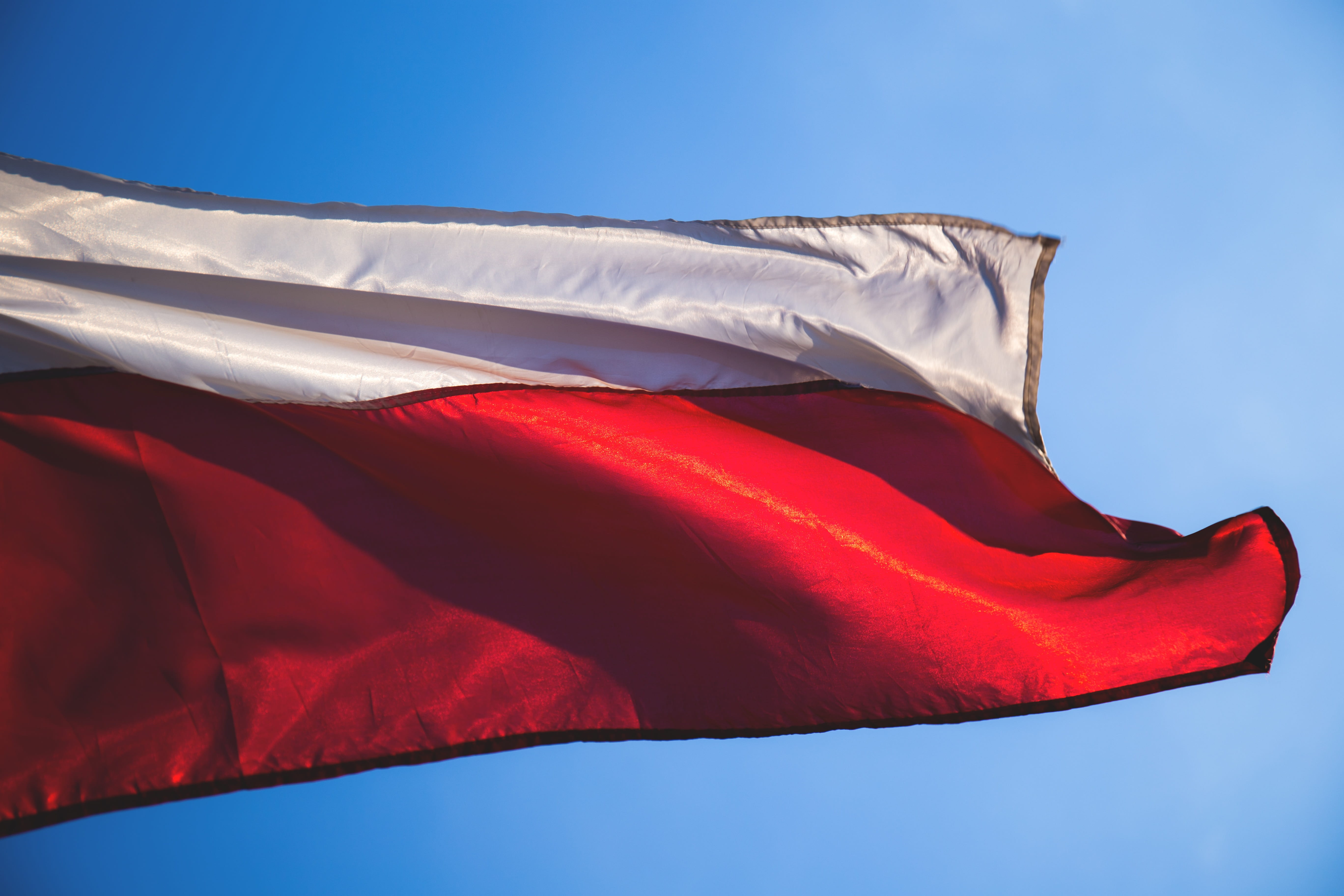 poland, flag, low angle view, red, national icon, sunny, wind, patriotic, polish, no people, 5K, environment, sky, independence, textile, banner, white color, HD Wallpaper