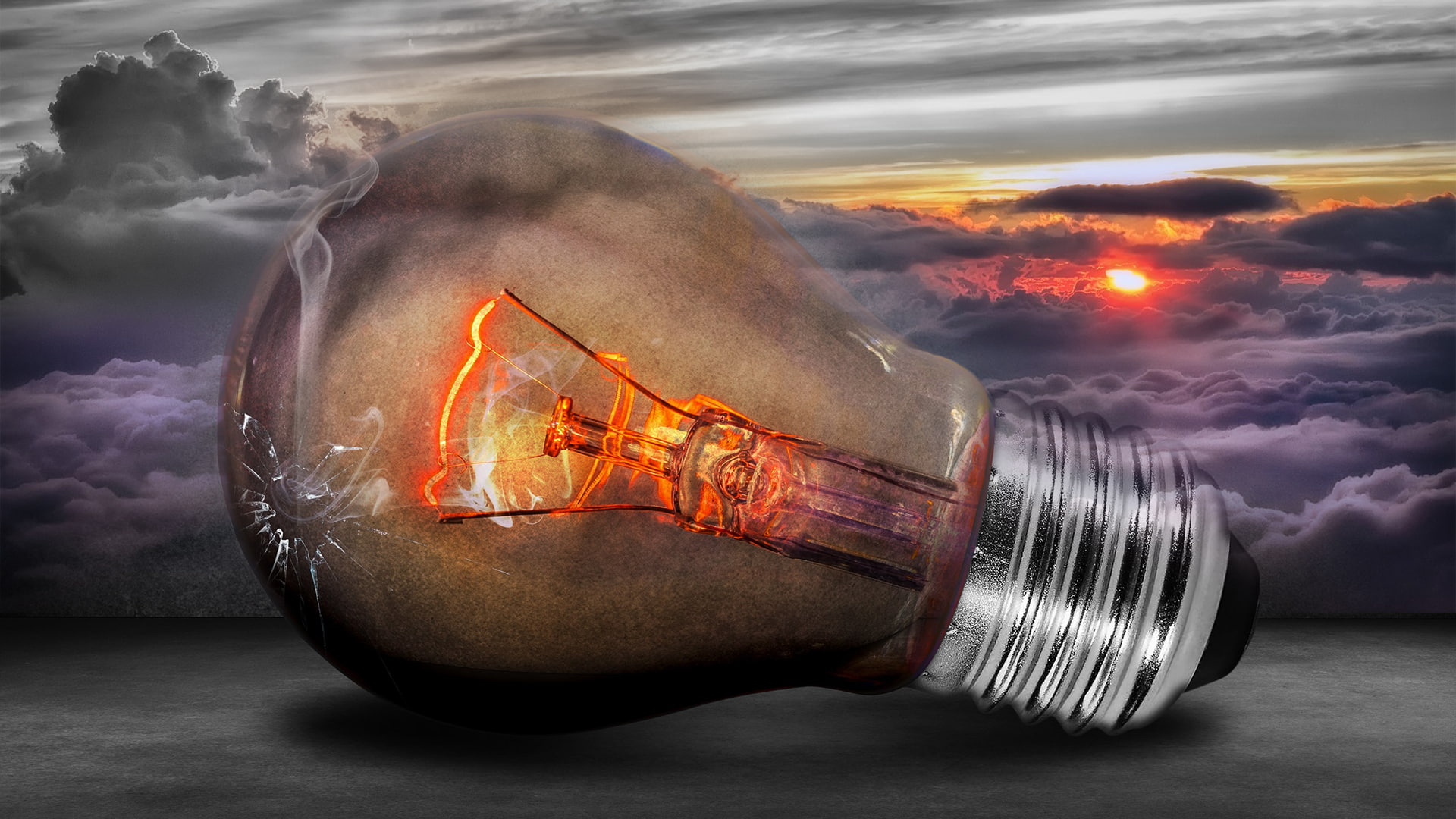 smoke - physical structure, sea, technology, close-up, blurred motion, light bulb, fuel and power generation, motion, orange color, 1080P, sky, sunset, HD Wallpaper