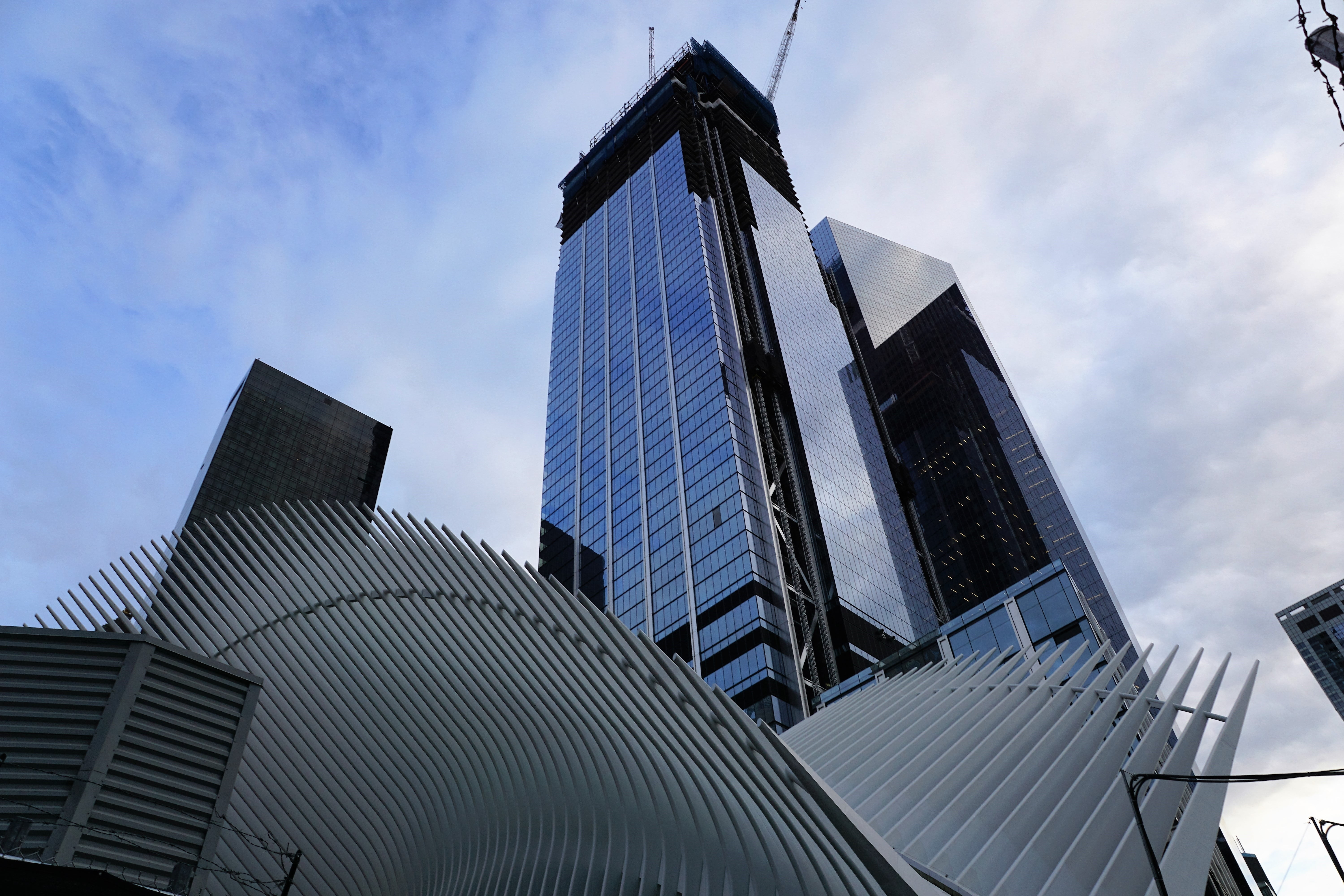 clouds, blue, usa, glass, city, no people, building, landscape, home, ground zero, tower, financial district, modern, 5K, cloud - sky, glass - material, HD Wallpaper