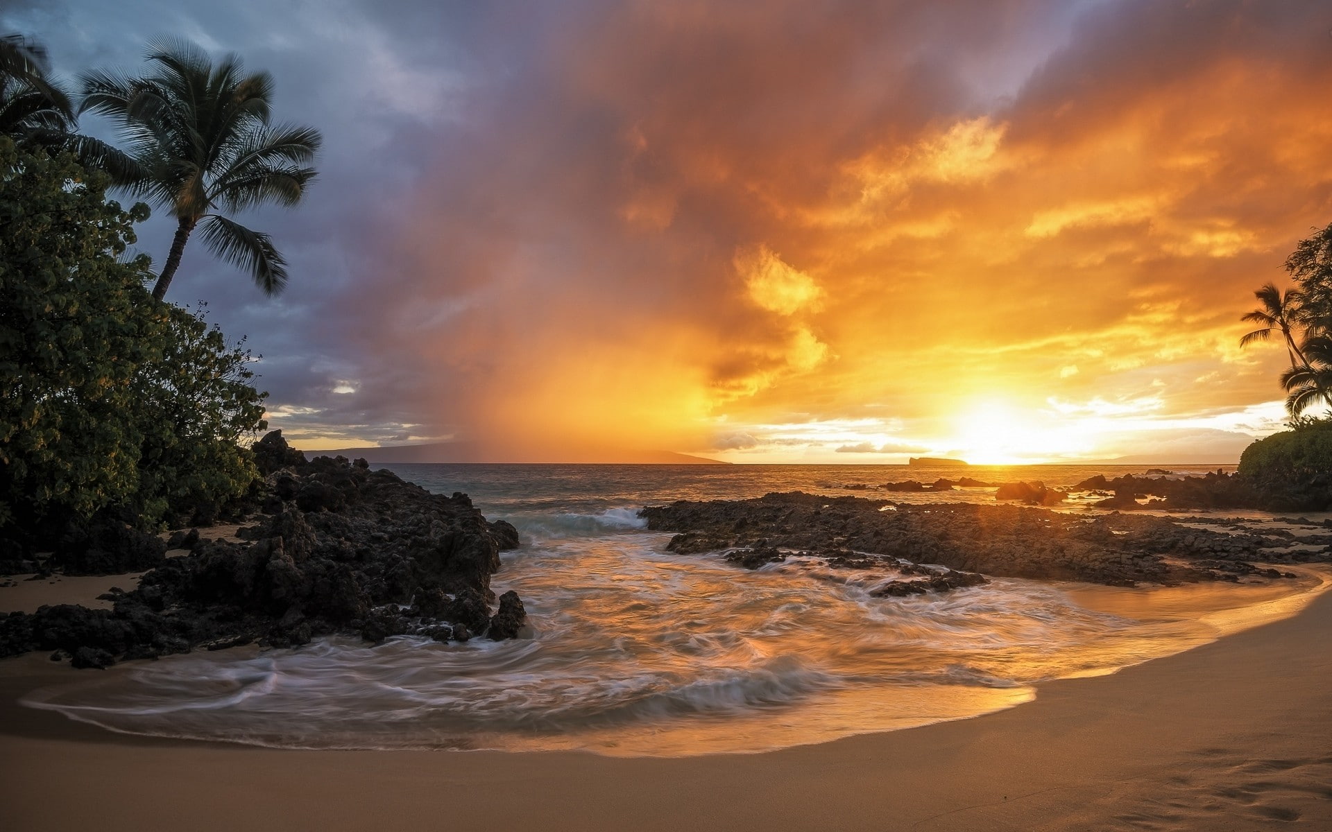 sky, power in nature, sunset, tropical climate, tranquility, cloud - sky, beauty in nature, rock, landscape, 1080P, sea, palm trees, clouds, gold, beach, HD Wallpaper