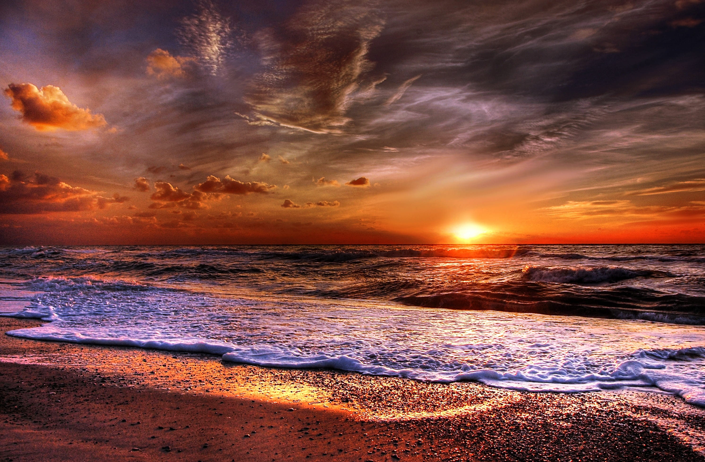 sun, body, sand, ocean, sunrise, horizon, beach, beauty in nature, outdoors, orange color, tranquil scene, sunbeam, no people, landscape, shore, cloudy, HD Wallpaper