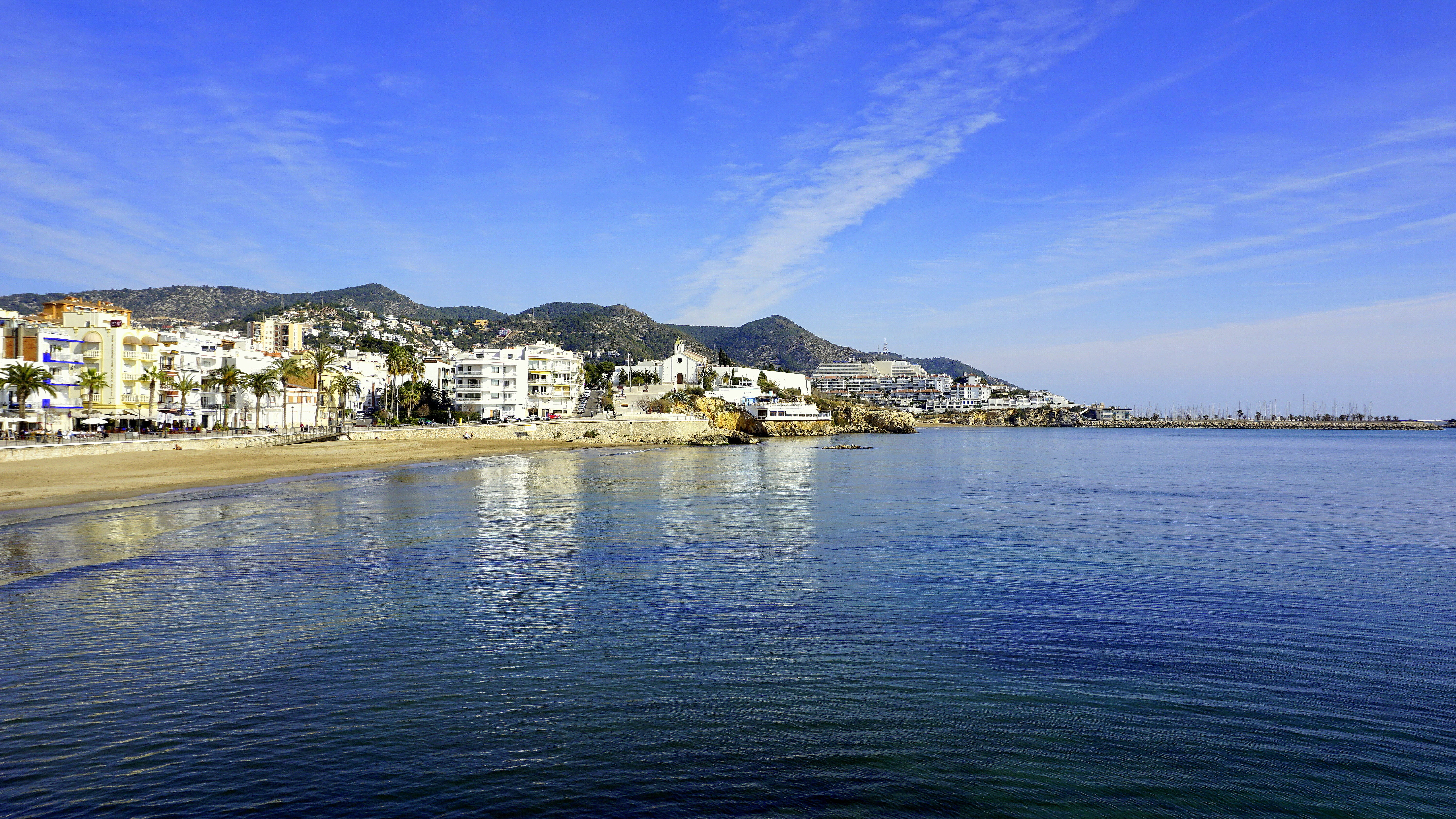 near, blue, outdoors, sitges, land, landscape, buildings, water, gold coast, no people, commercial, residential district, beauty in nature, cityscape, nature, HD Wallpaper