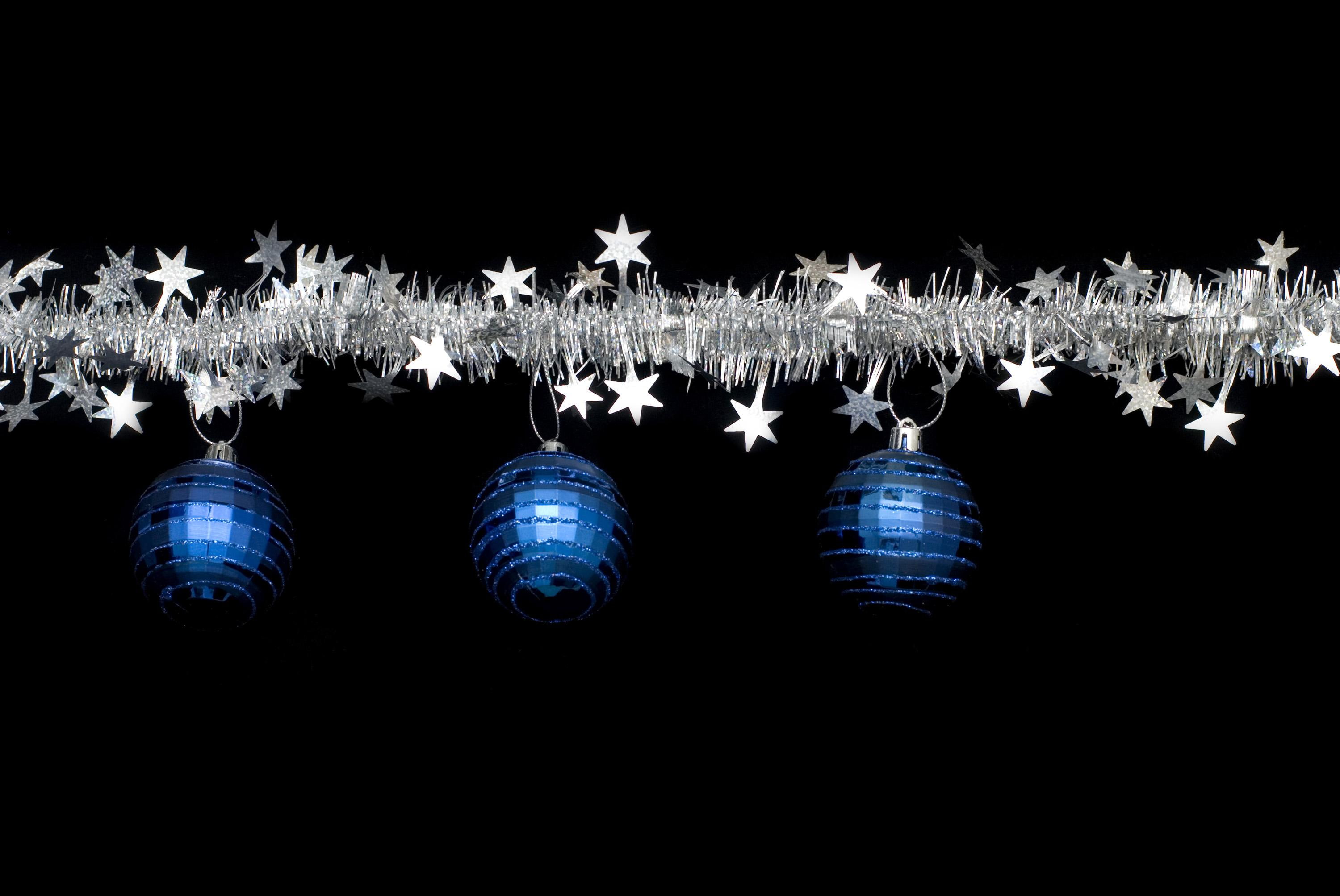 2K, decorations, blue, tinsel, baubles, silver, stars, HD Wallpaper