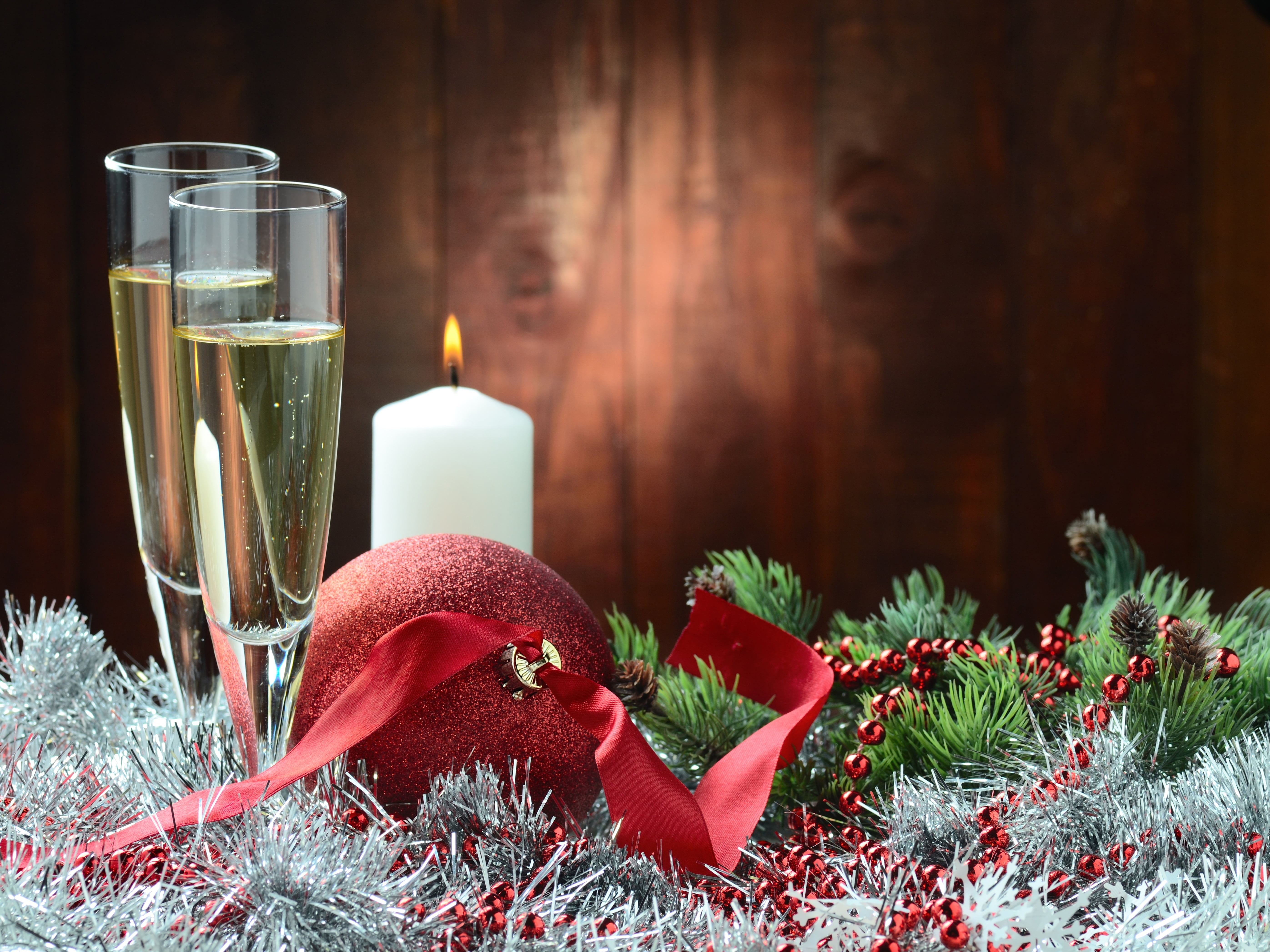 tree, celebration, balls, close-up, champagne, candle, christmas ornament, no people, Christmas, plant, 5K, event, nature, christmas tree, tinsel, decoration, HD Wallpaper