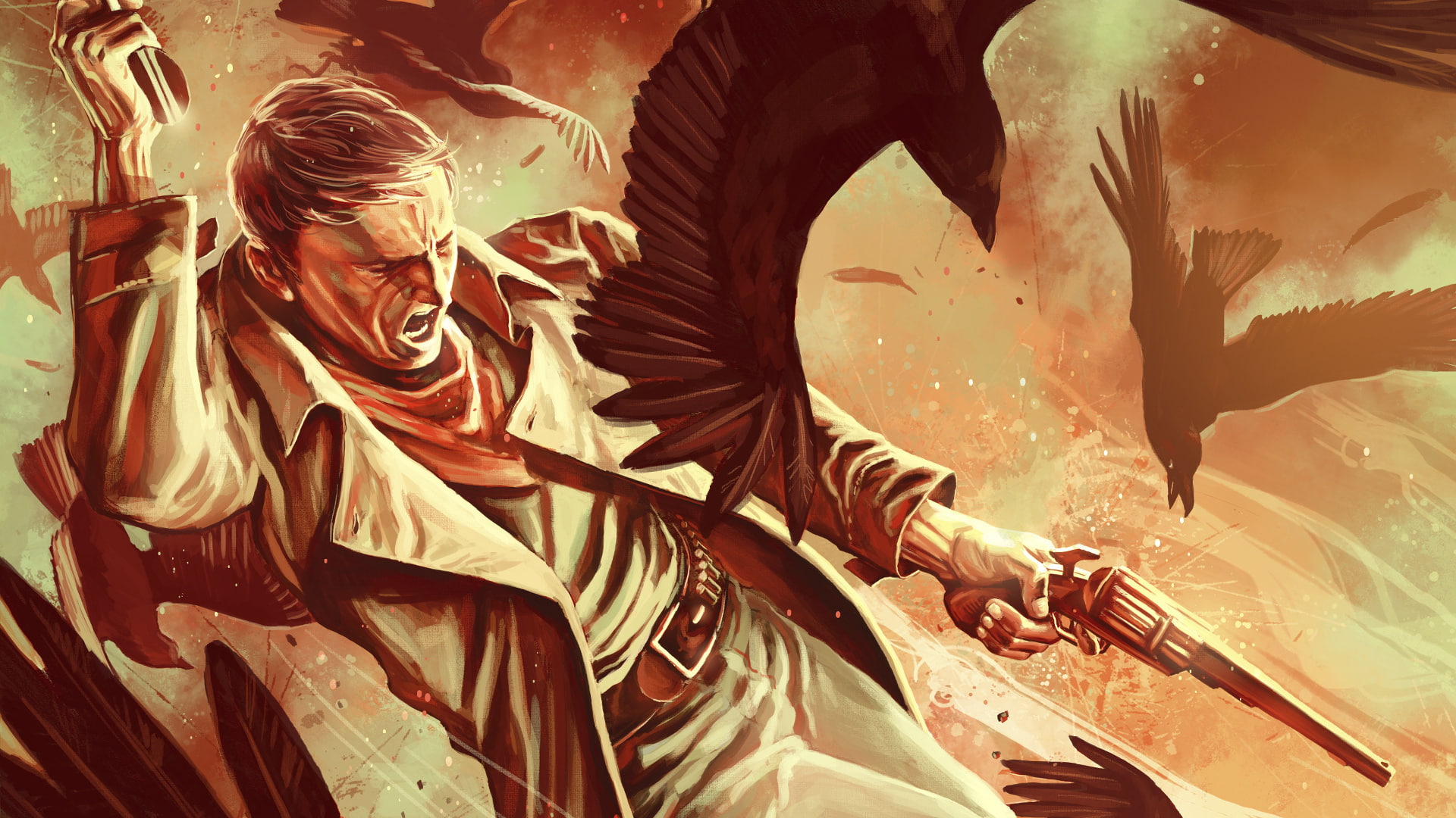 pistol, art, action, stephen, battle, sci, guns, scream, animals, desert, crow, yell, weapons, king, raven, fantasy, western, tower, birds, 1080P, science, HD Wallpaper