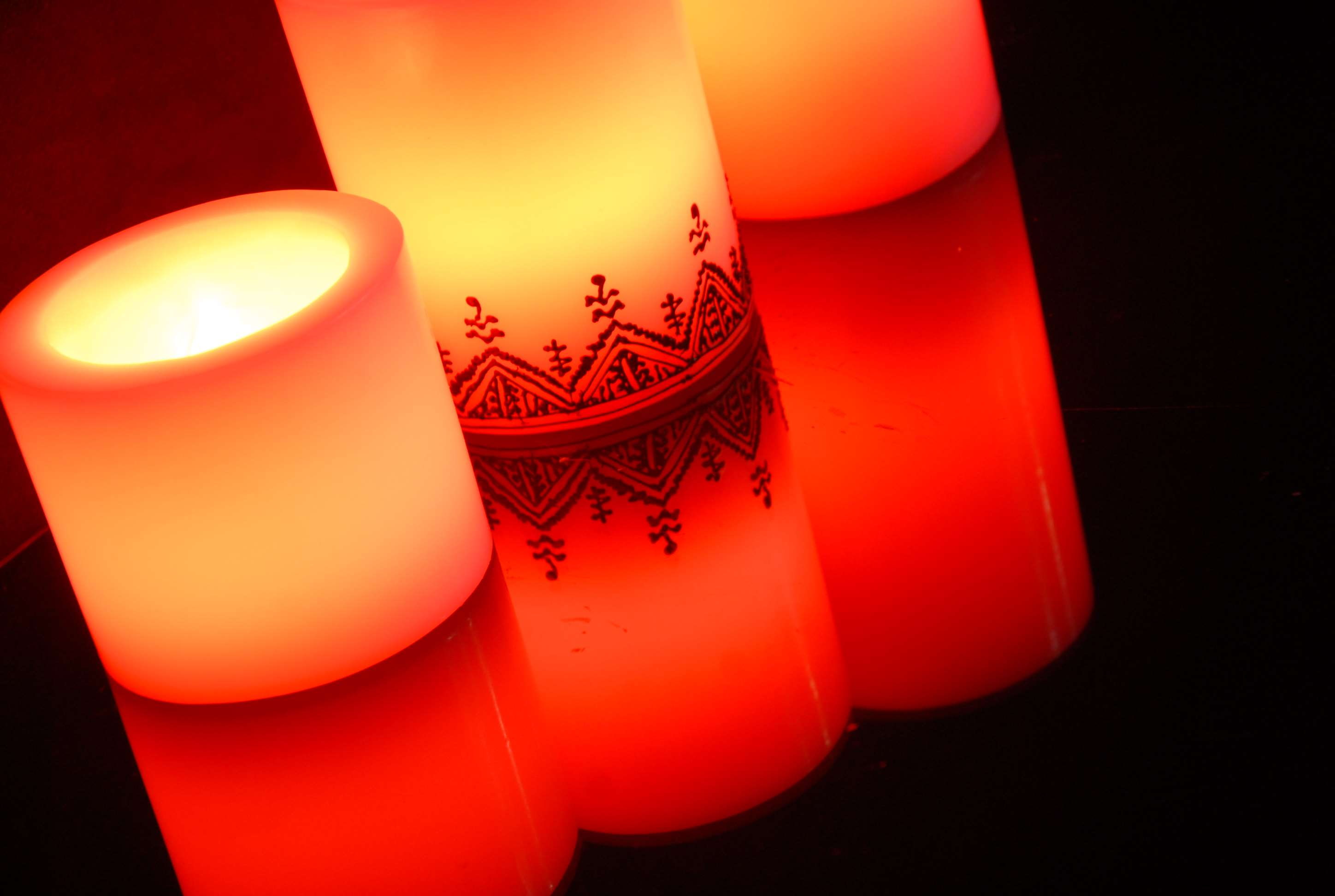 candle, red, burning, lighting equipment, pattern, glowing, decoration, still life, studio shot, heat, orange color, bright, close-up, color, black background, HD Wallpaper