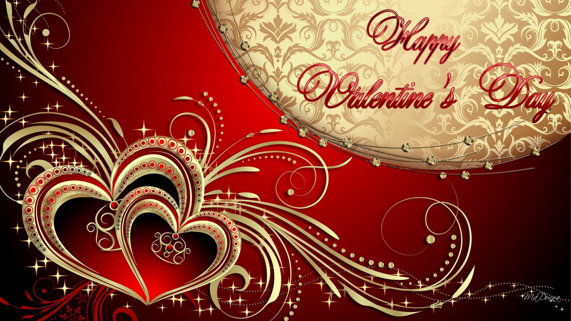 sophisticated, scroll, luxurious, shine, gold, red, valentines day, golden, hearts, love, 1080P, bright, HD Wallpaper