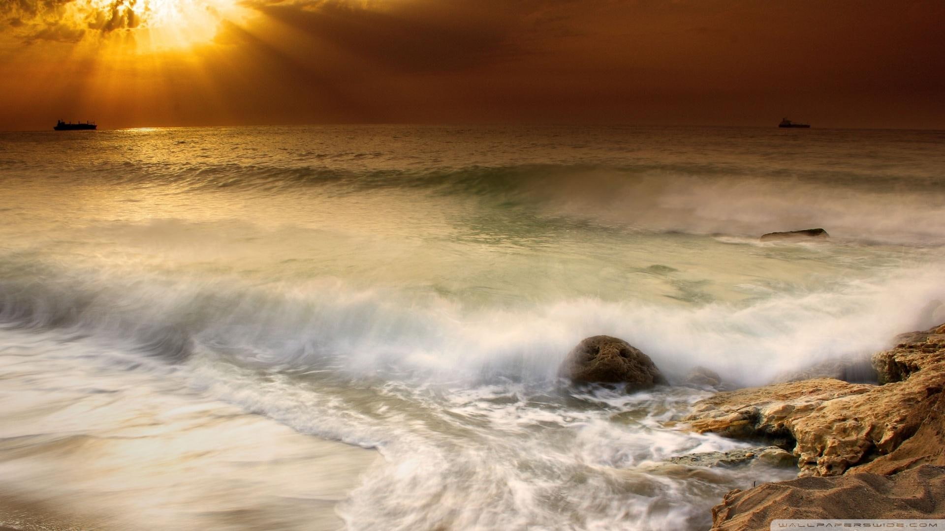 nature and landscapes, 1080P, clouds, rocks, beach, ships, sun, shining, HD Wallpaper