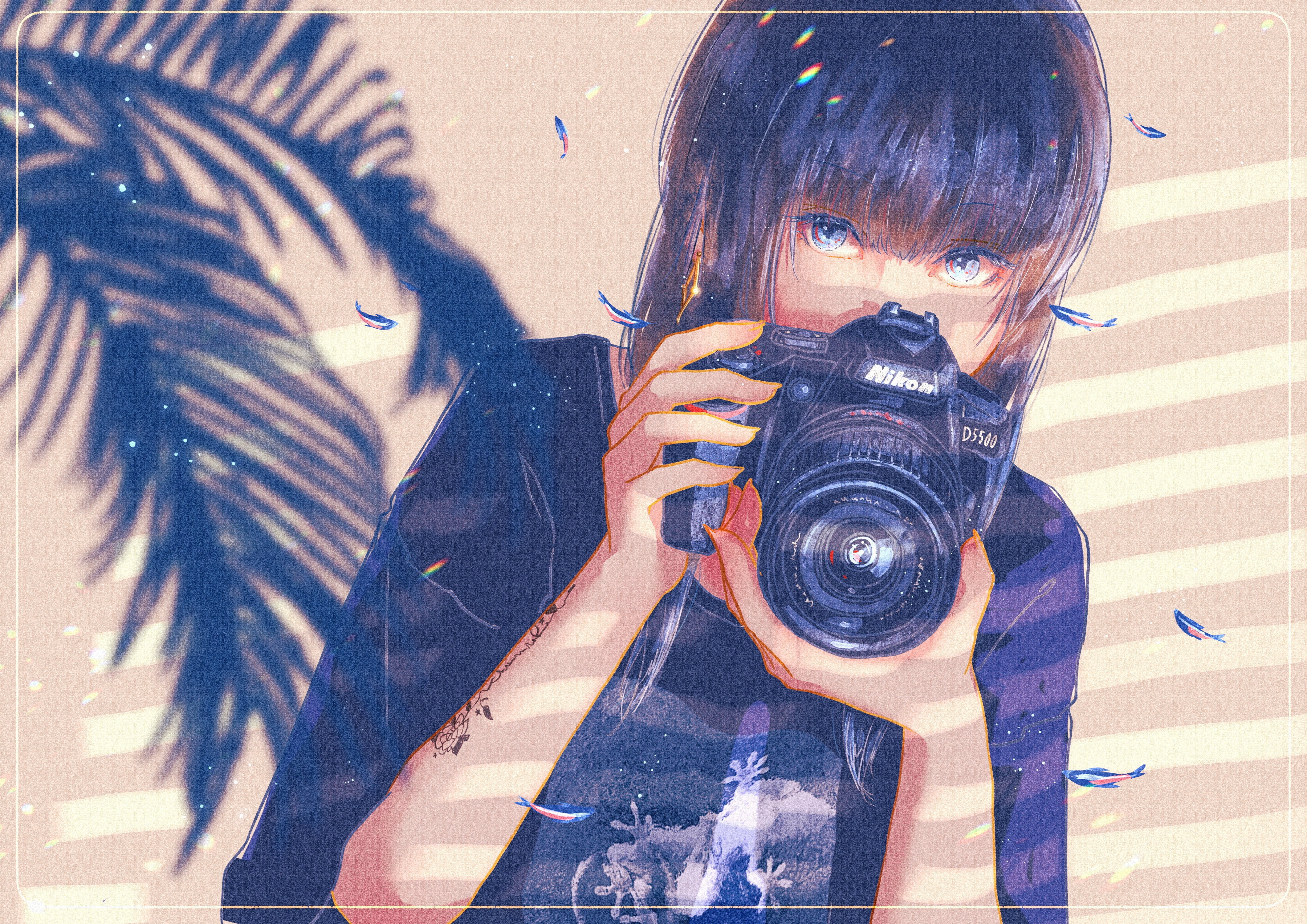 anime, brunette, anime girls, jalousie light effect, blue eyes, long hair, 4K, tattoo, long nails, camera, fish, dark hair, HD Wallpaper