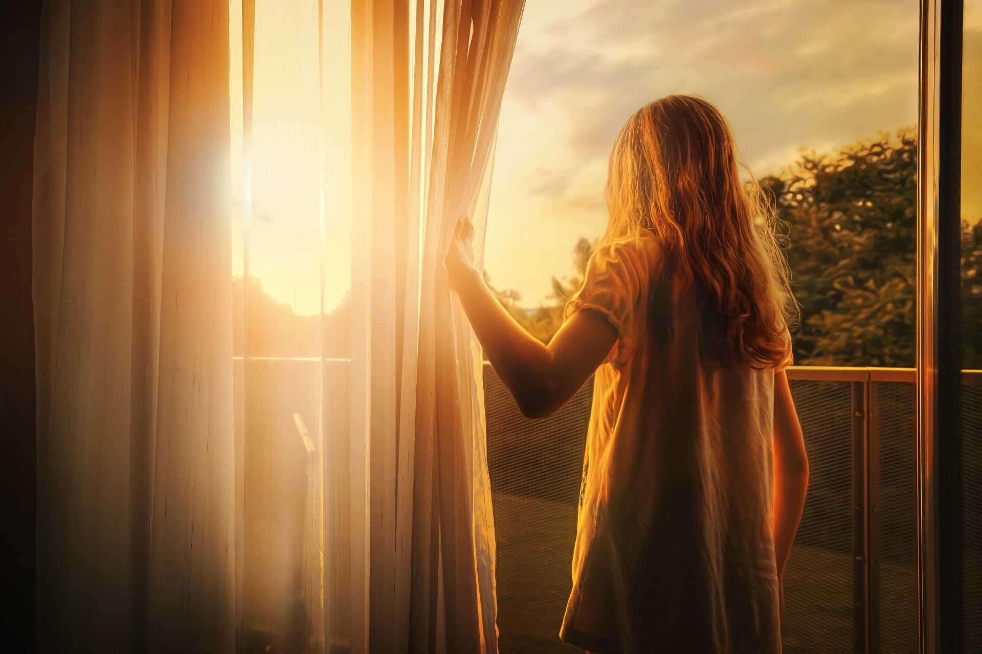 Girl, Sun, Photography, Dawn, Balcony, 1080P, Sunrise, Blinds, HD Wallpaper