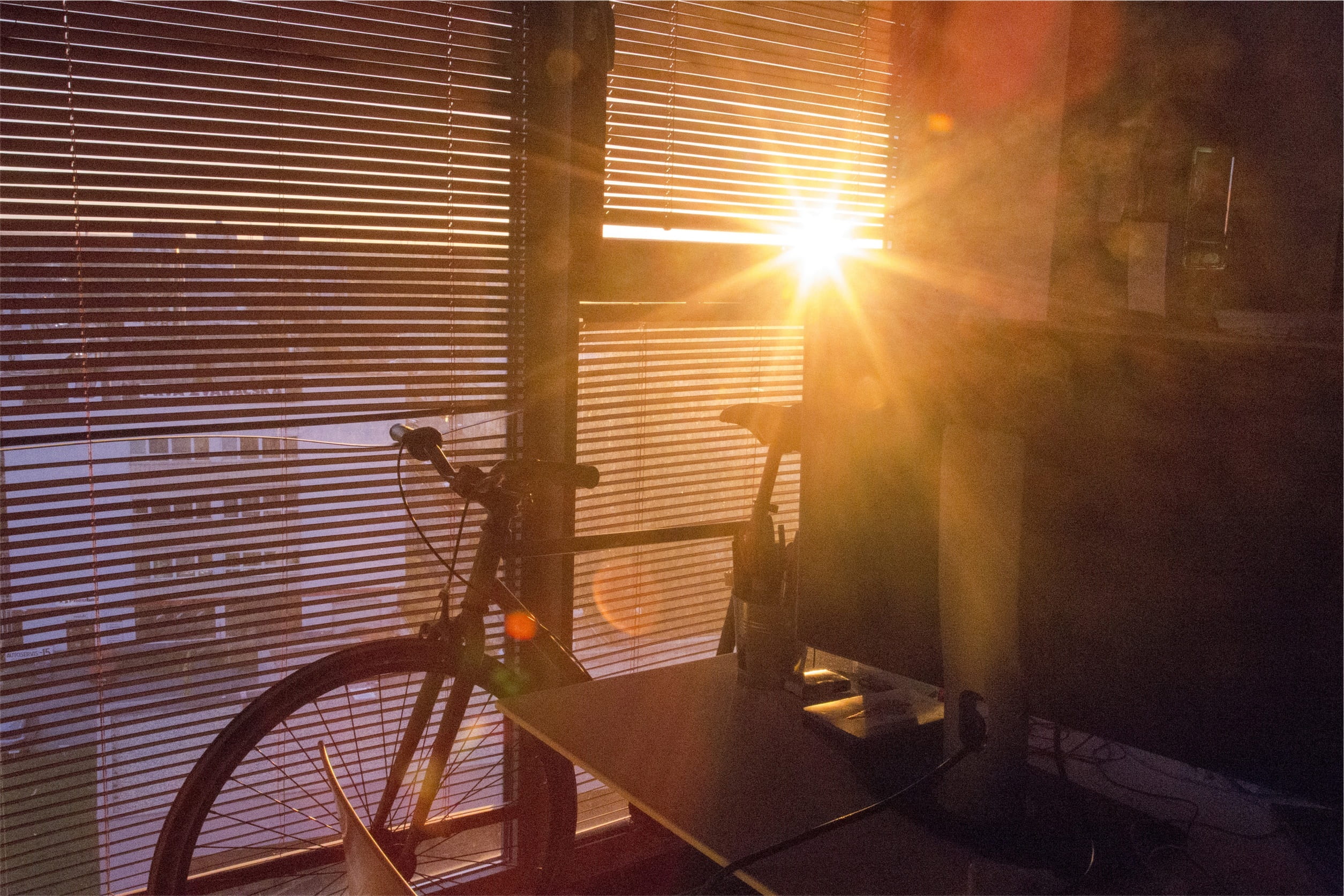 blinds, lens flare, no people, sunlight, built structure, nature, sunrise, streaming, architecture, glass, sunbeam, desk, room, bicycle, shutter, bright, HD Wallpaper