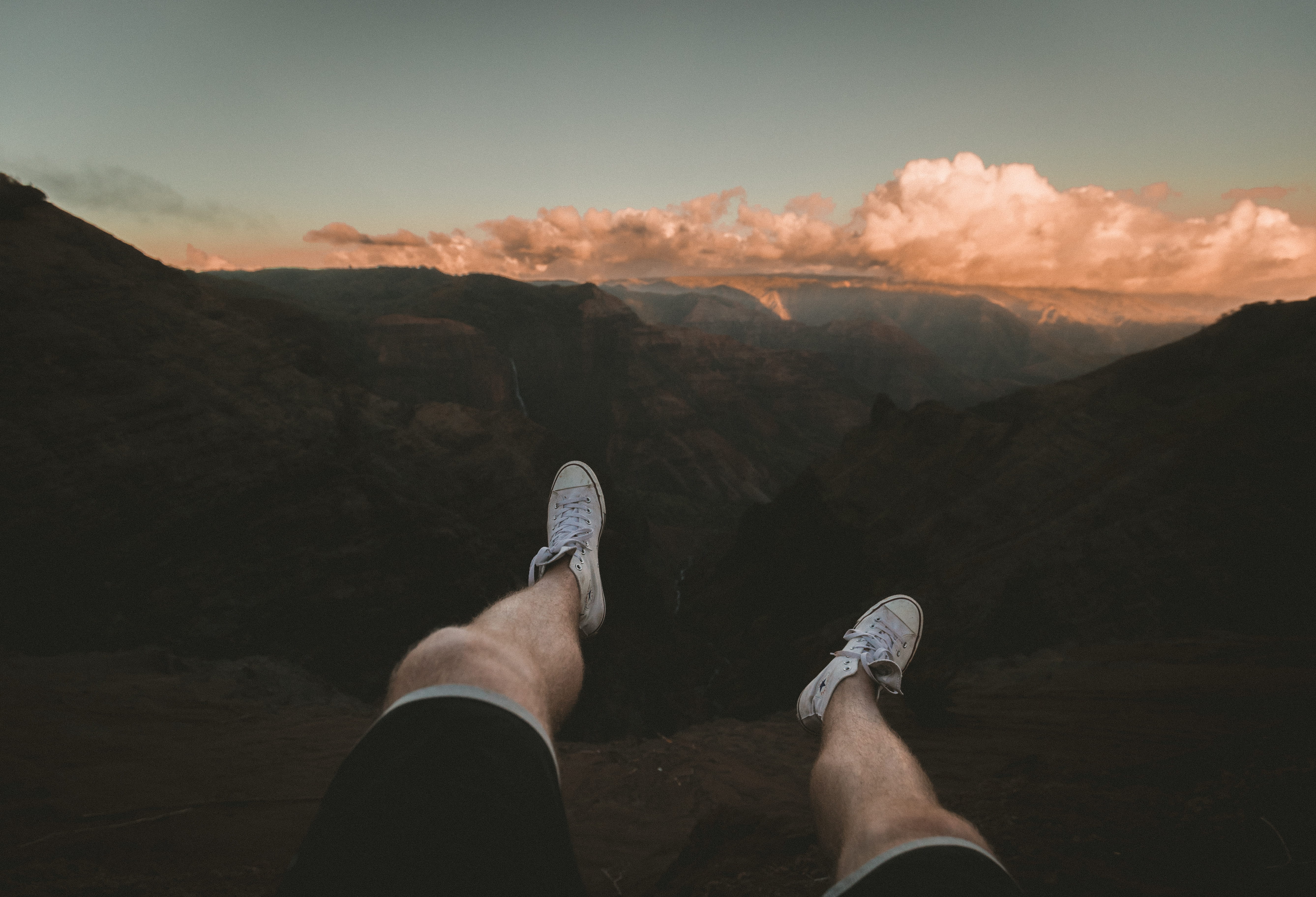 leisure activity, sitting, environment, outdoors, guy, men, cloud, human limb, rock, tops, nature, one man only, feet, person, land, 5K, cliff, white, HD Wallpaper