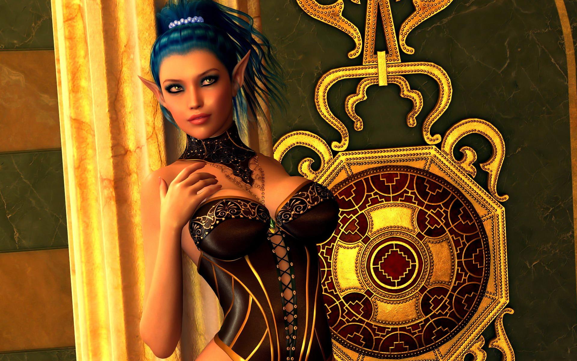 golden, fantasy, female, gold, bronze, beauty, elfine, beautiful, 1080P, 3d and abstract, HD Wallpaper