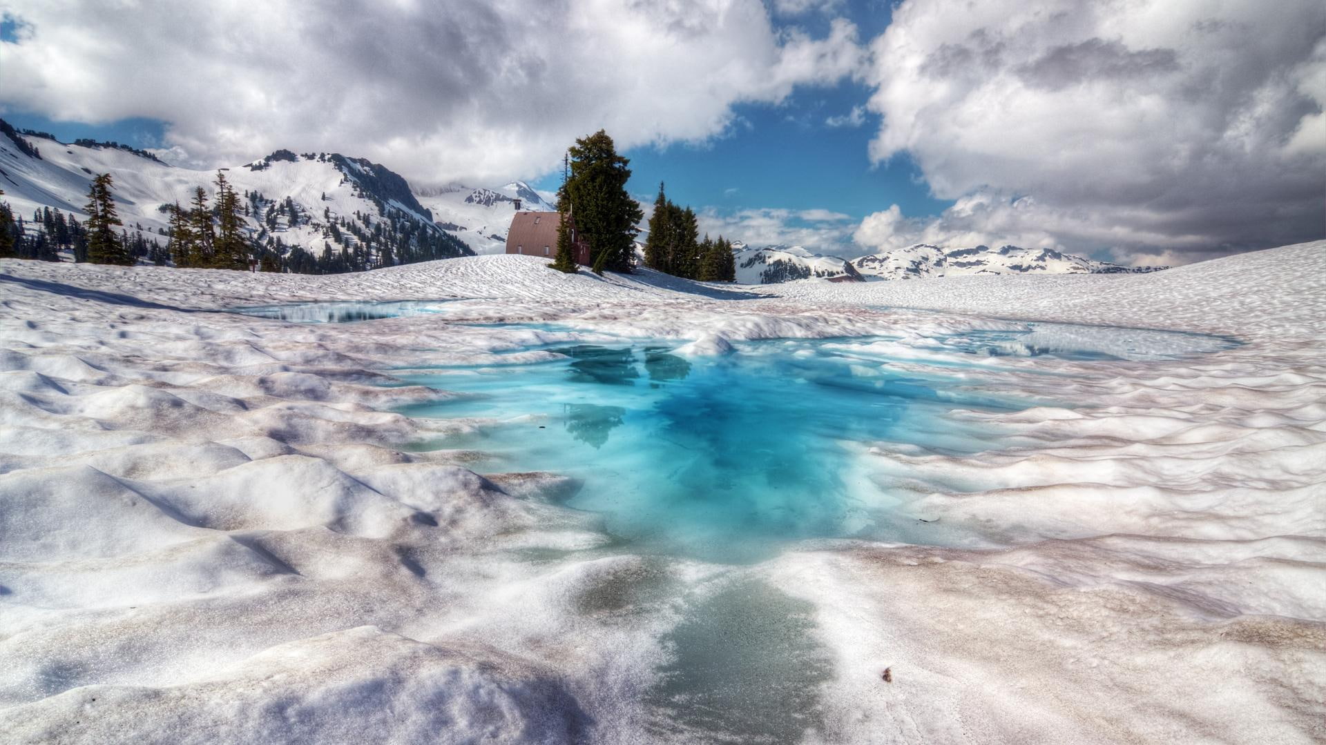lakes, winter, house, 1080P, 3d and abstract, trees, elfin, lake, HD Wallpaper