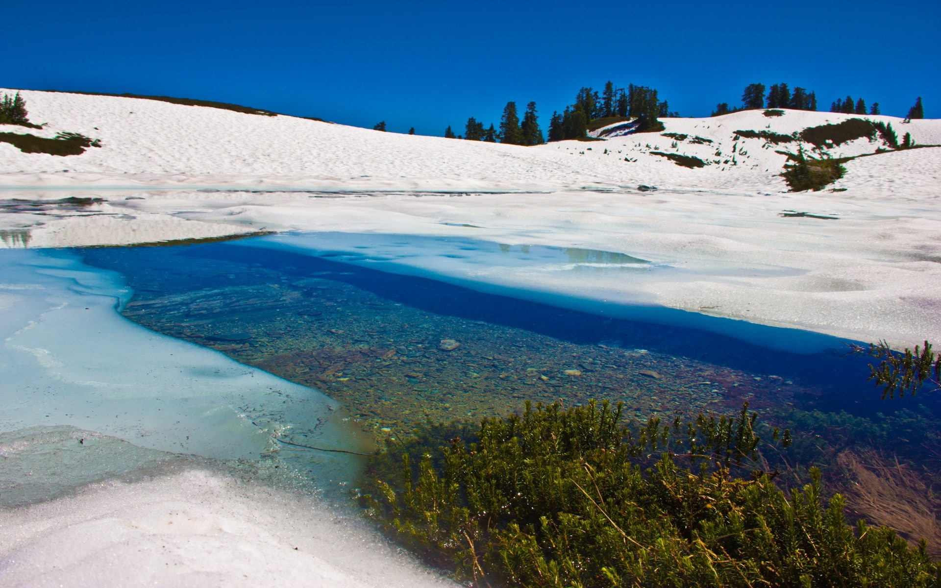 lake, 1080P, plant, environment, cold temperature, nature, mountain, tranquility, blue, sky, water, no people, winter, day, tree, tranquil scene, elfin lake, HD Wallpaper