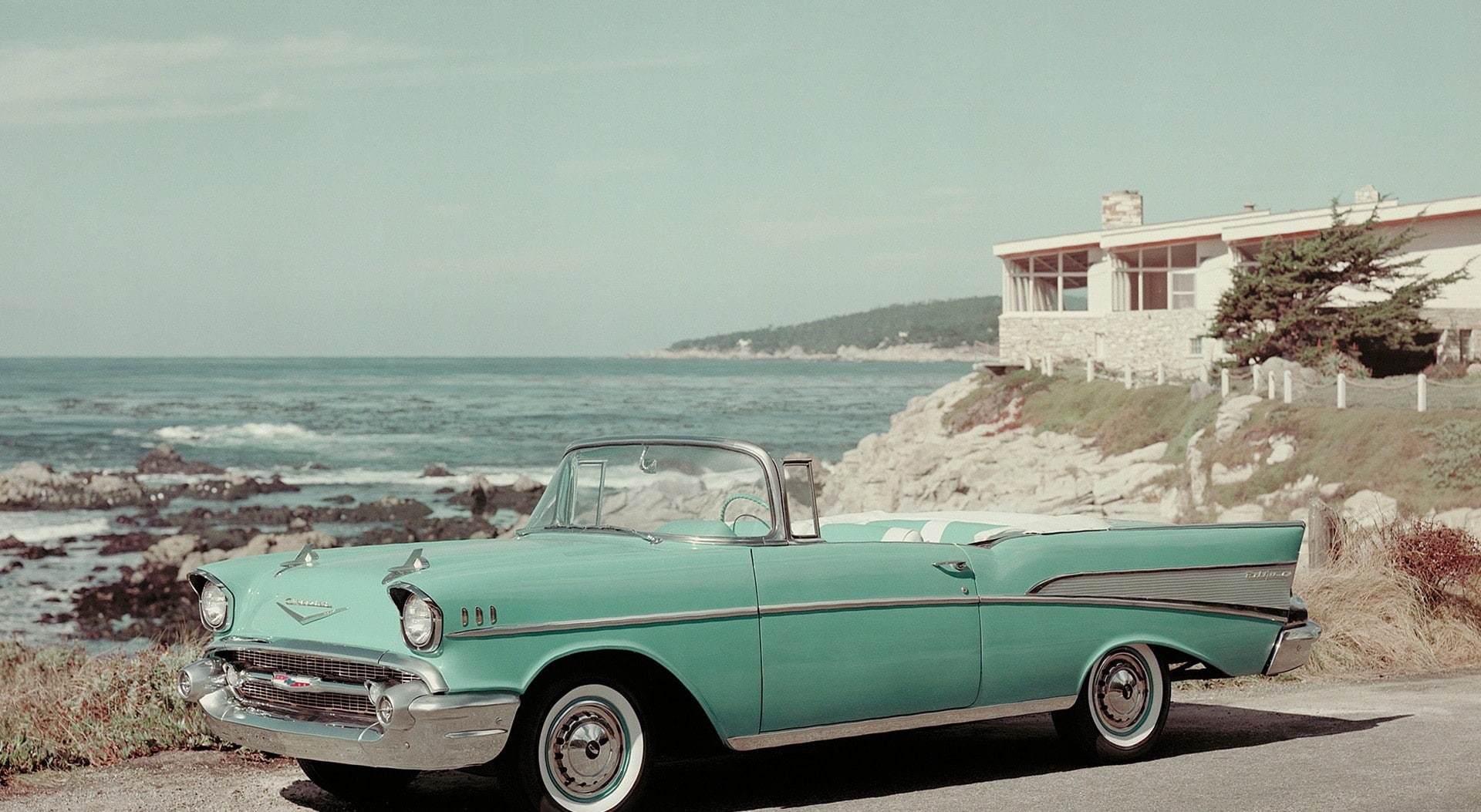 Motors, convertible, sea, retro styled, travel, cars, chevrolet bel air, 1957, classic, vintage, horizon over water, day, vehicle, land vehicle, coupe, HD Wallpaper