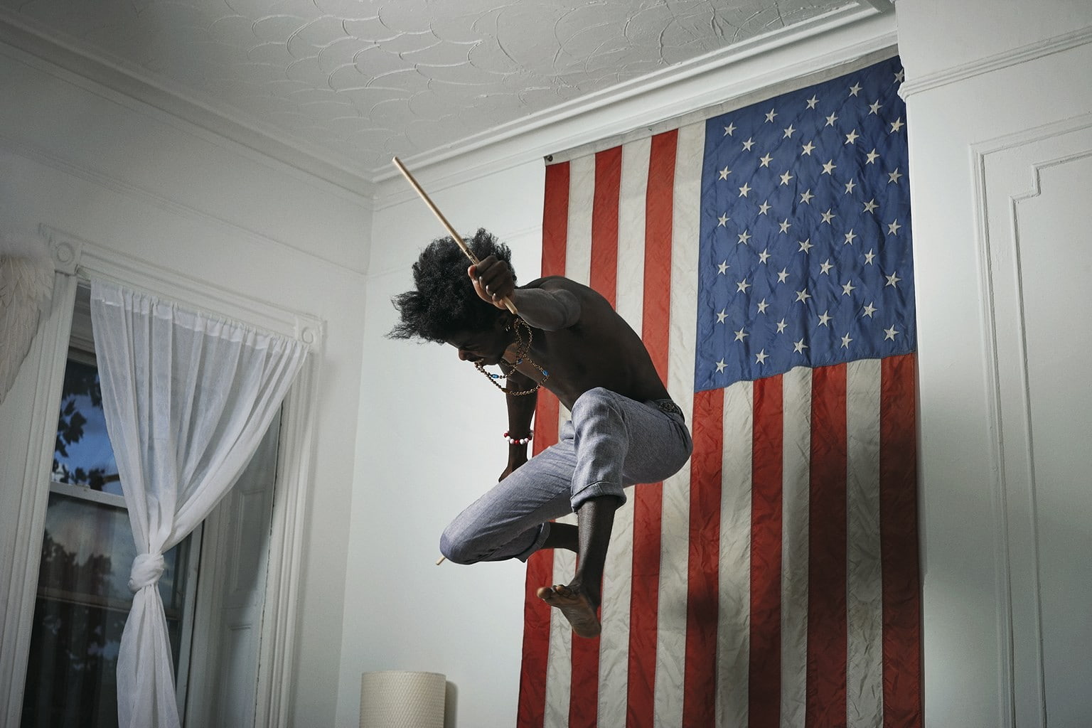 architecture, jumping, built structure, casual clothing, Gorillaz, drums, democracy, full length, 720P, drumstick, adult, standing, indoors, patriotism, HD Wallpaper