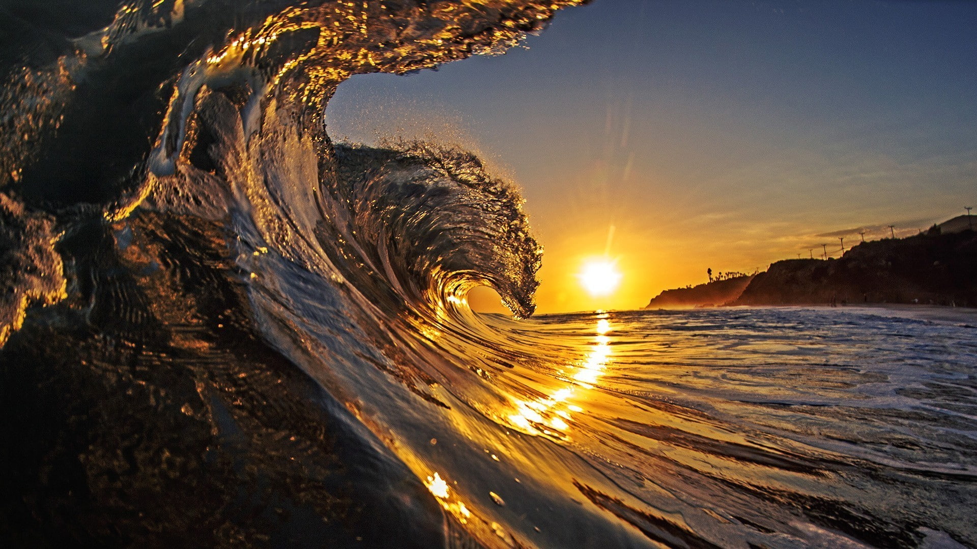 waveforms, waves, 1080P, sunset, HD Wallpaper