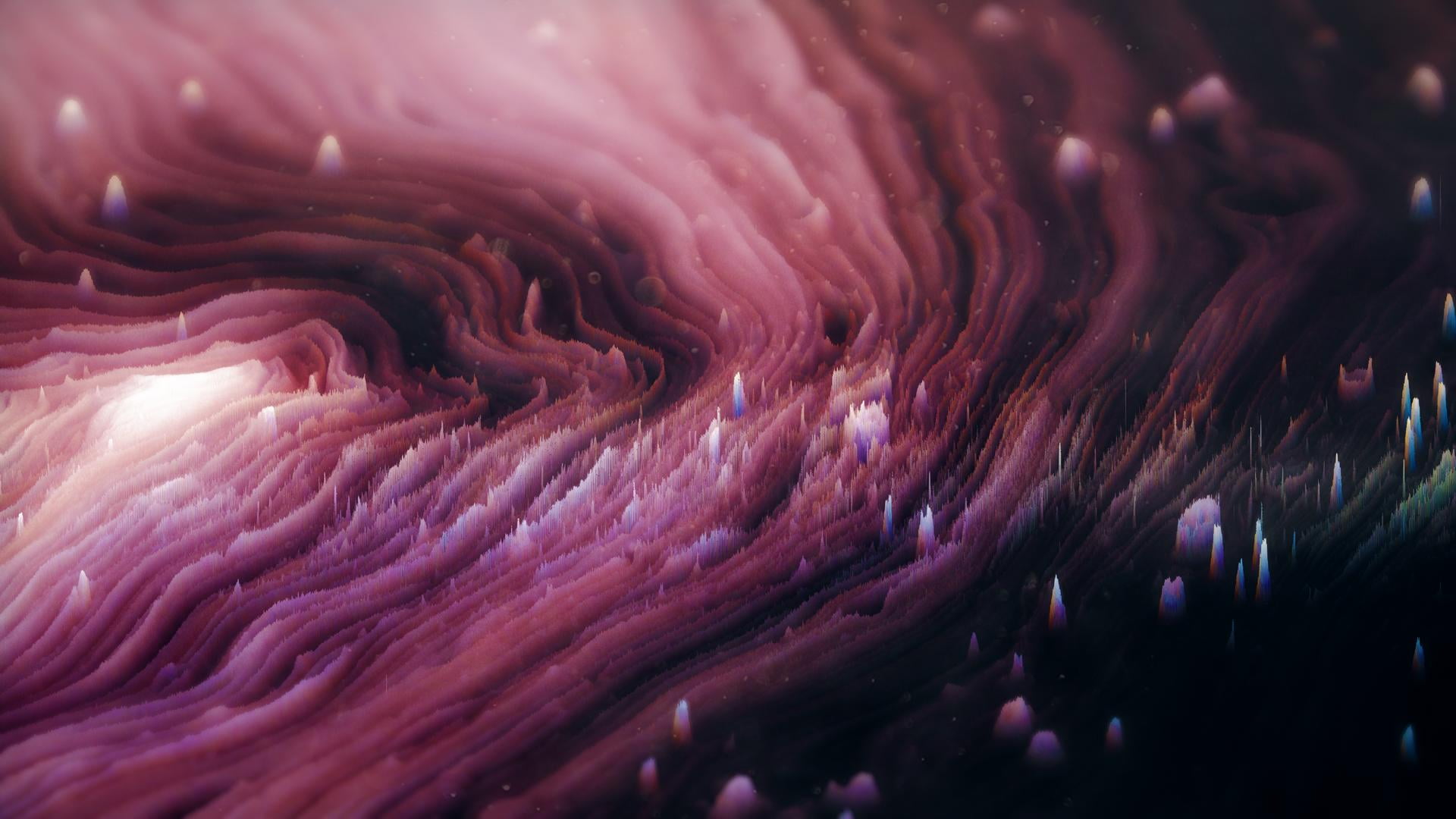 1080P, waveforms, digital, pink, glitch art, purple background, HD Wallpaper