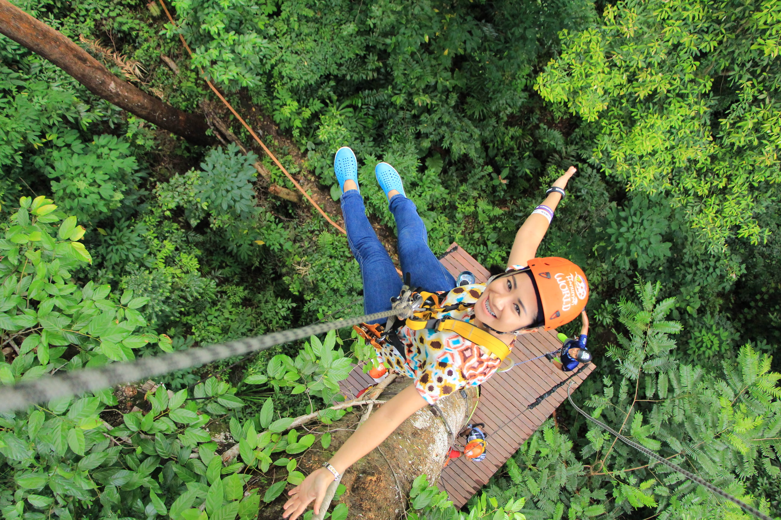 green color, real people, leisure activity, casual clothing, wood, rope, portrait, garden, high angle shot, safety, human arm, one person, zipline, full length, HD Wallpaper