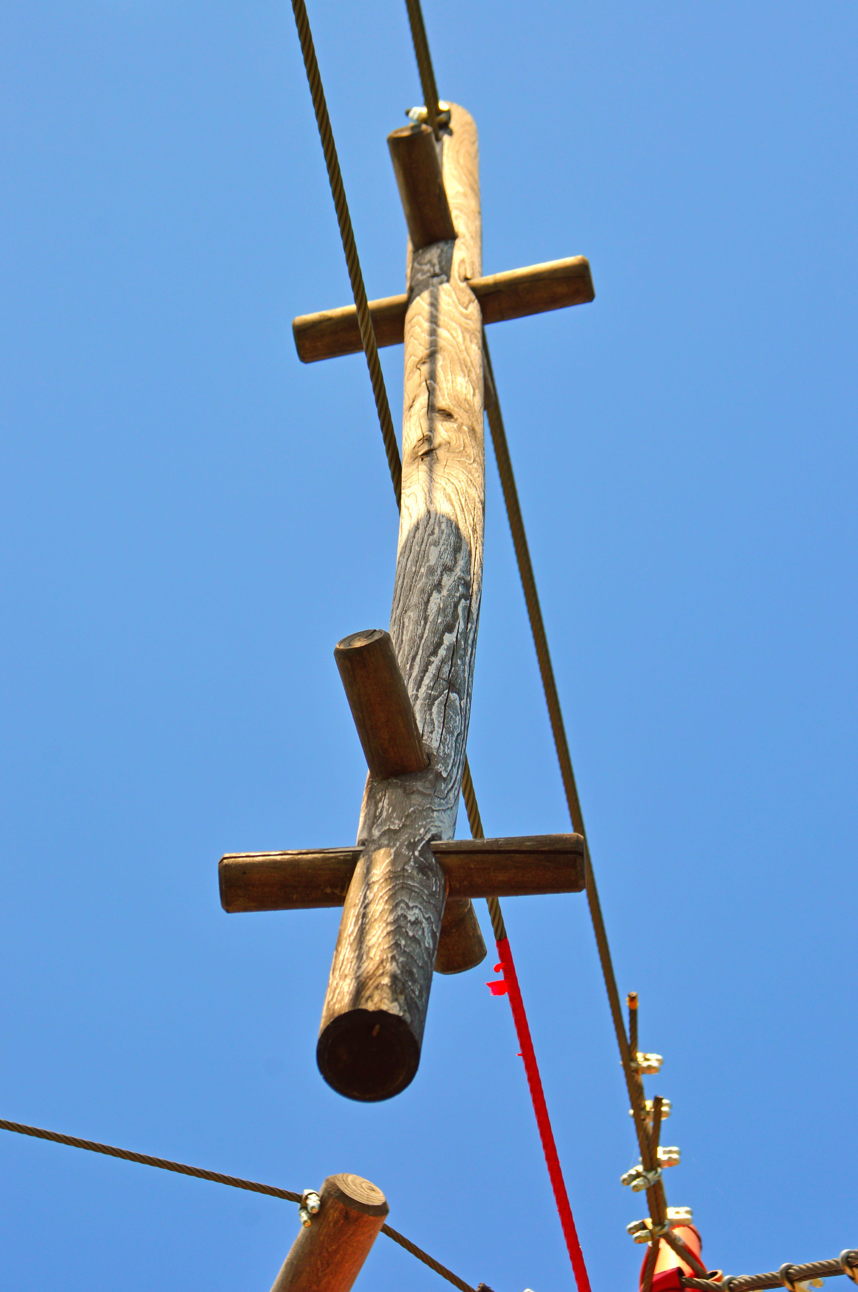 sky, directly below, metal, wood - material, sports, climb, clear sky, religion, belief, outdoor, ropes course, childrens playground, holding on, adventure, Phone HD Wallpaper