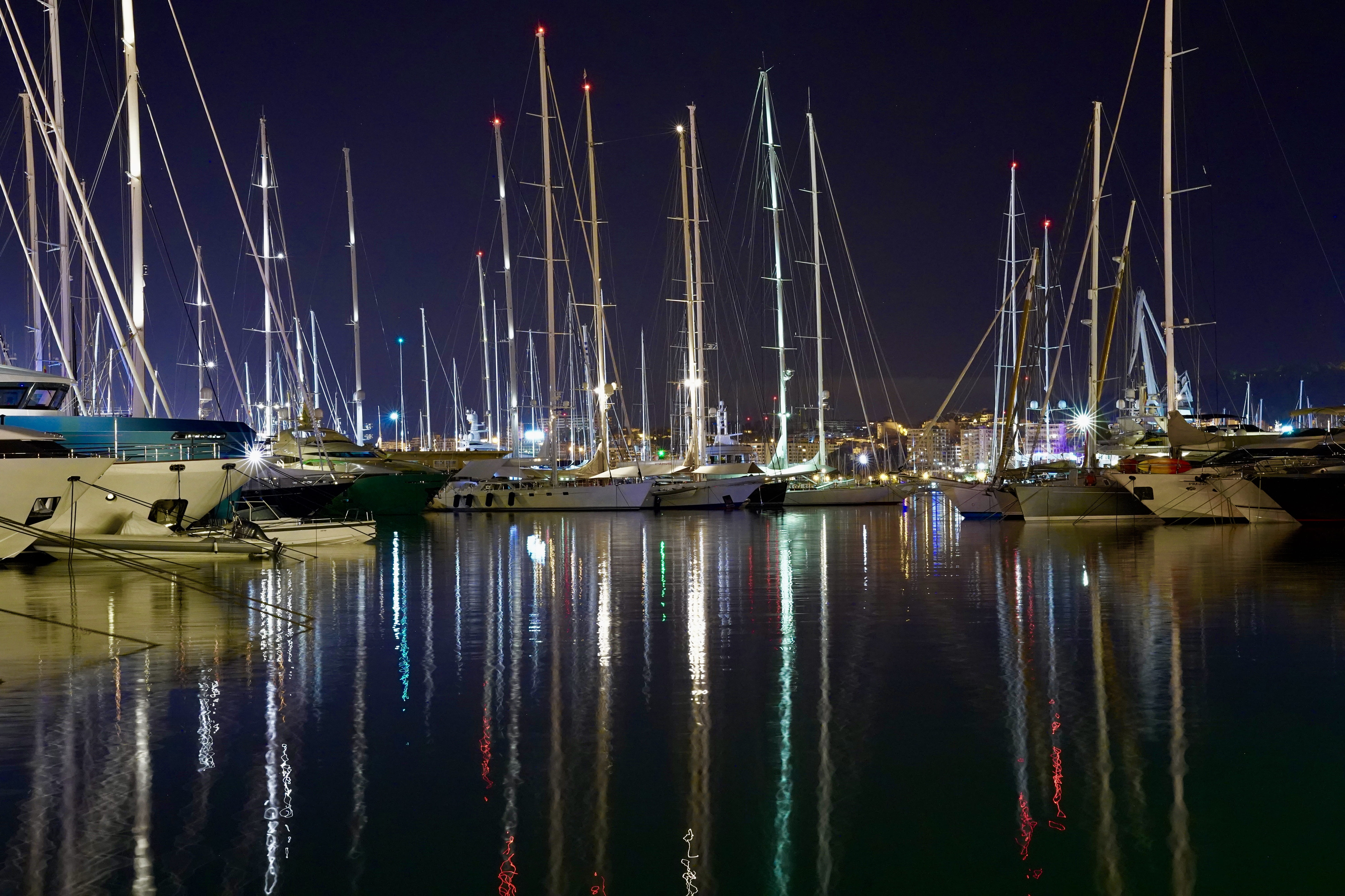 bight, marina, yacht, sea, sailboat, spain, reflection, port, illuminated, palma, boats, no people, transportation, night, nature, mast, 5K, water, vessel, HD Wallpaper