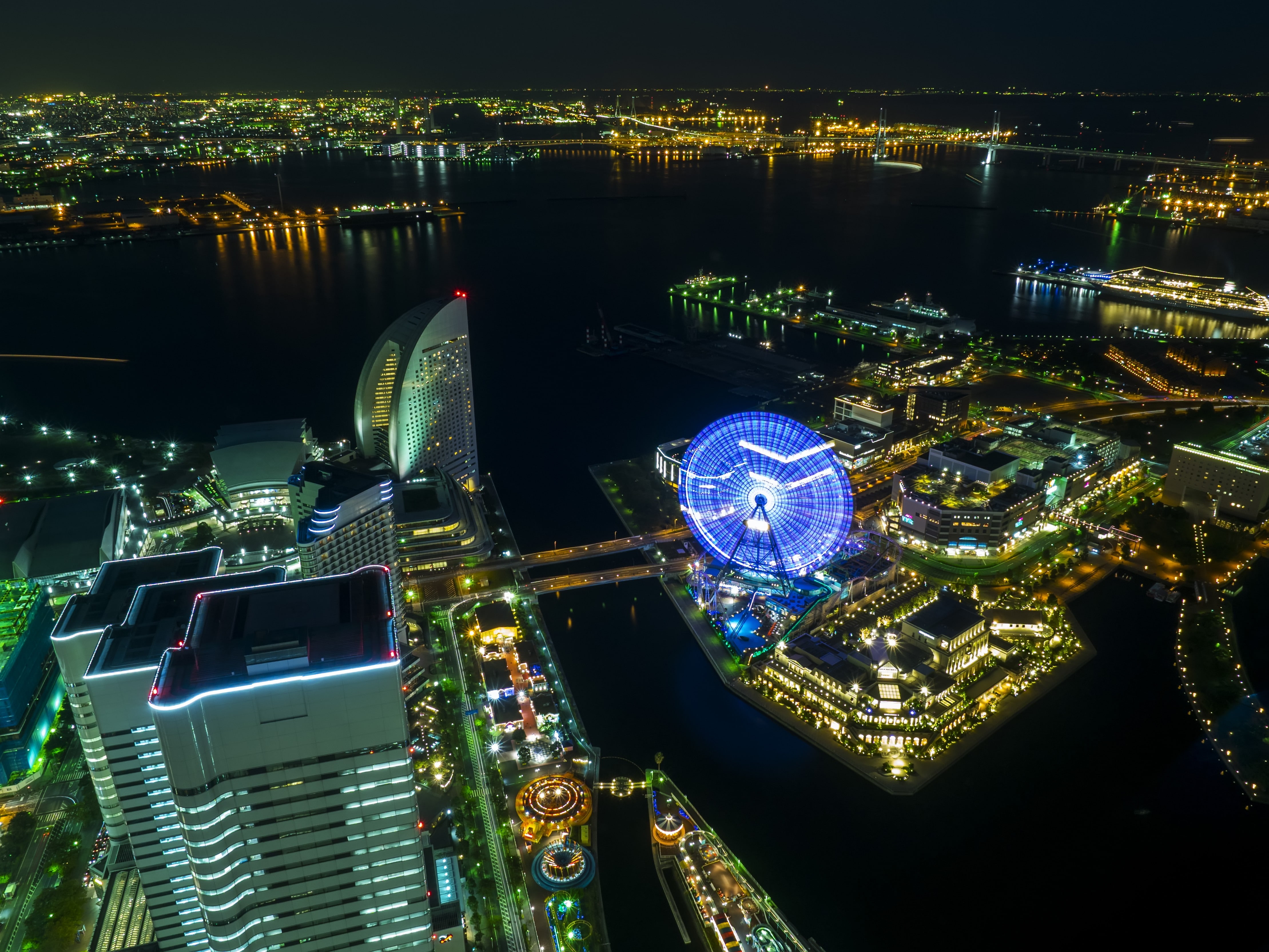 high angle view, water, night, 4K, illuminated, travel destinations, office building exterior, city, architecture, ferris wheel, no people, amusement park, HD Wallpaper