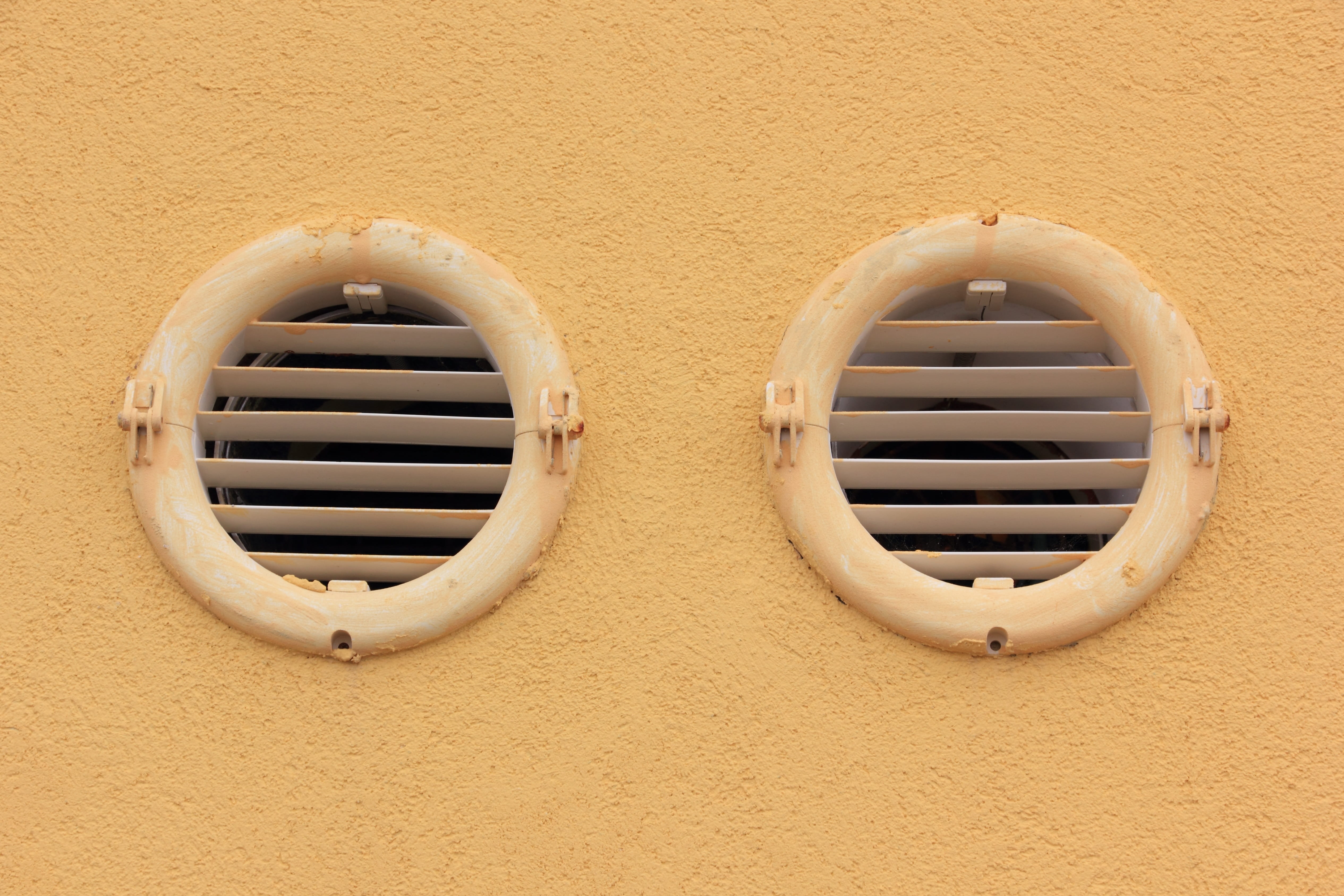 indoors, building exterior, air duct, close-up, shape, Sardinia, architecture, air conditioner, yellow, 4K, wall, circle, no people, geometric shape, outdoors, HD Wallpaper