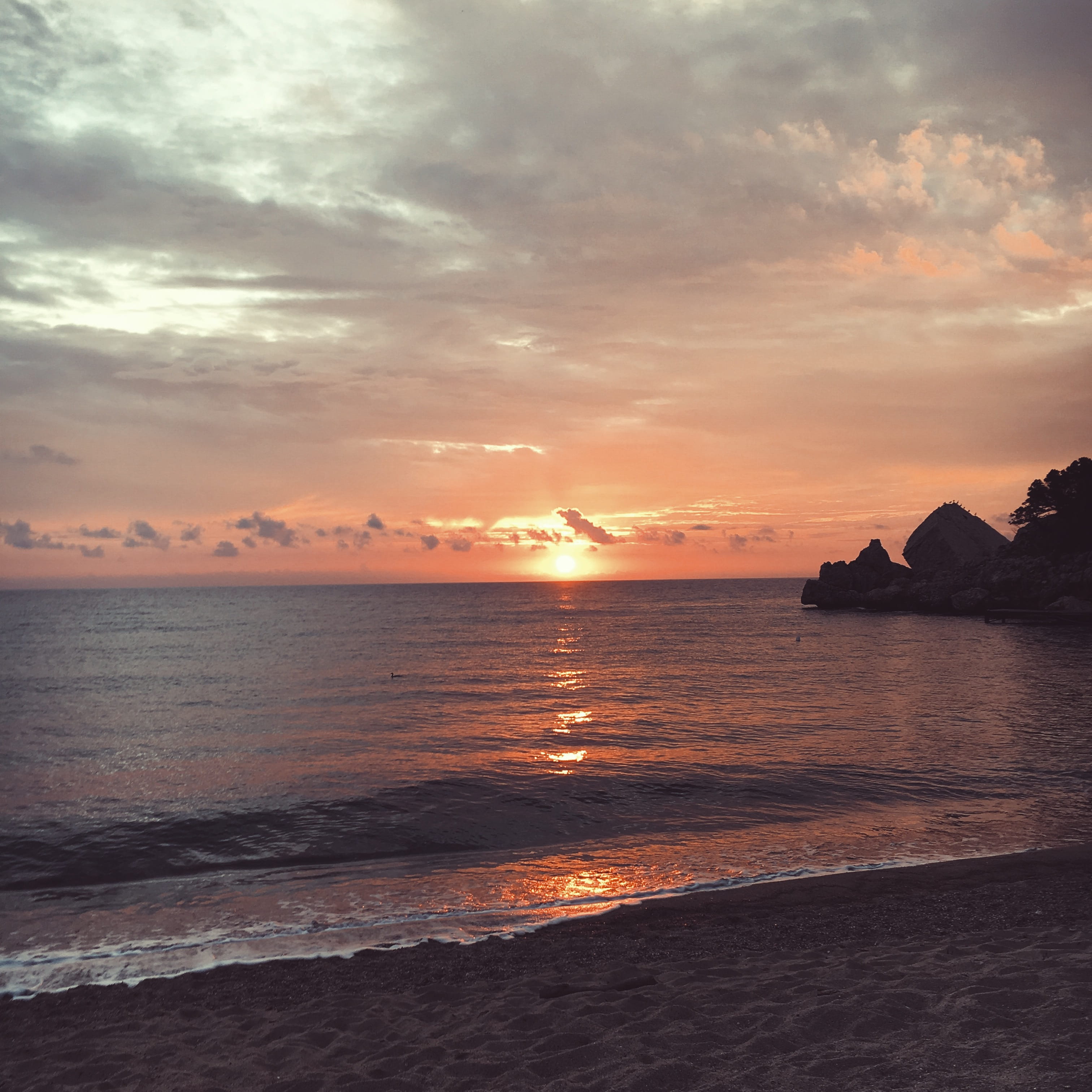 water, italy, idyllic, beach, beauty in nature, sardinia, sky, sea, sardegna, waves, cliff, scenics - nature, orange color, sunset, no people, tree, reflection, HD Wallpaper