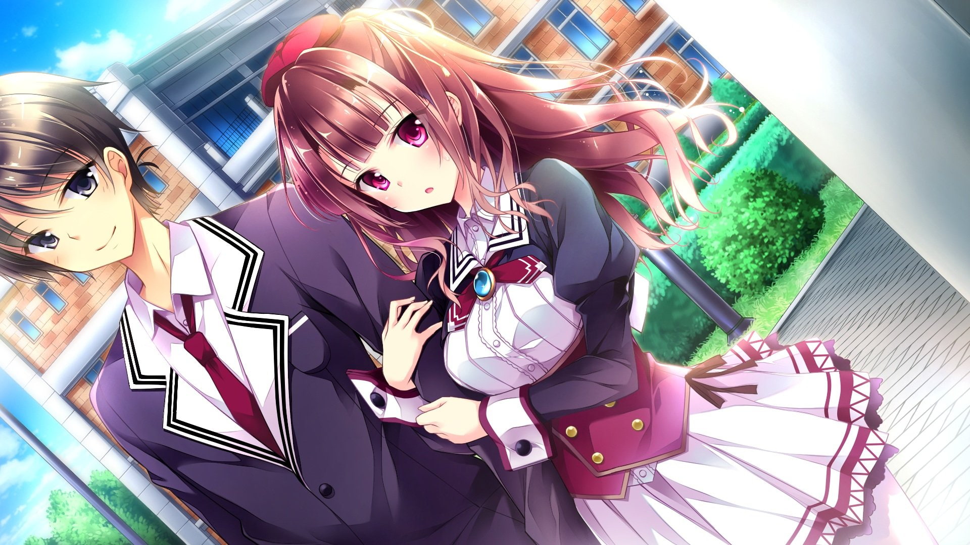 tie, black, hair, golden, company, game, pink, red, touko, ensemble, 1080P, short, hat, long, eyes, male, ichijouji, marriage, seifuku, HD Wallpaper