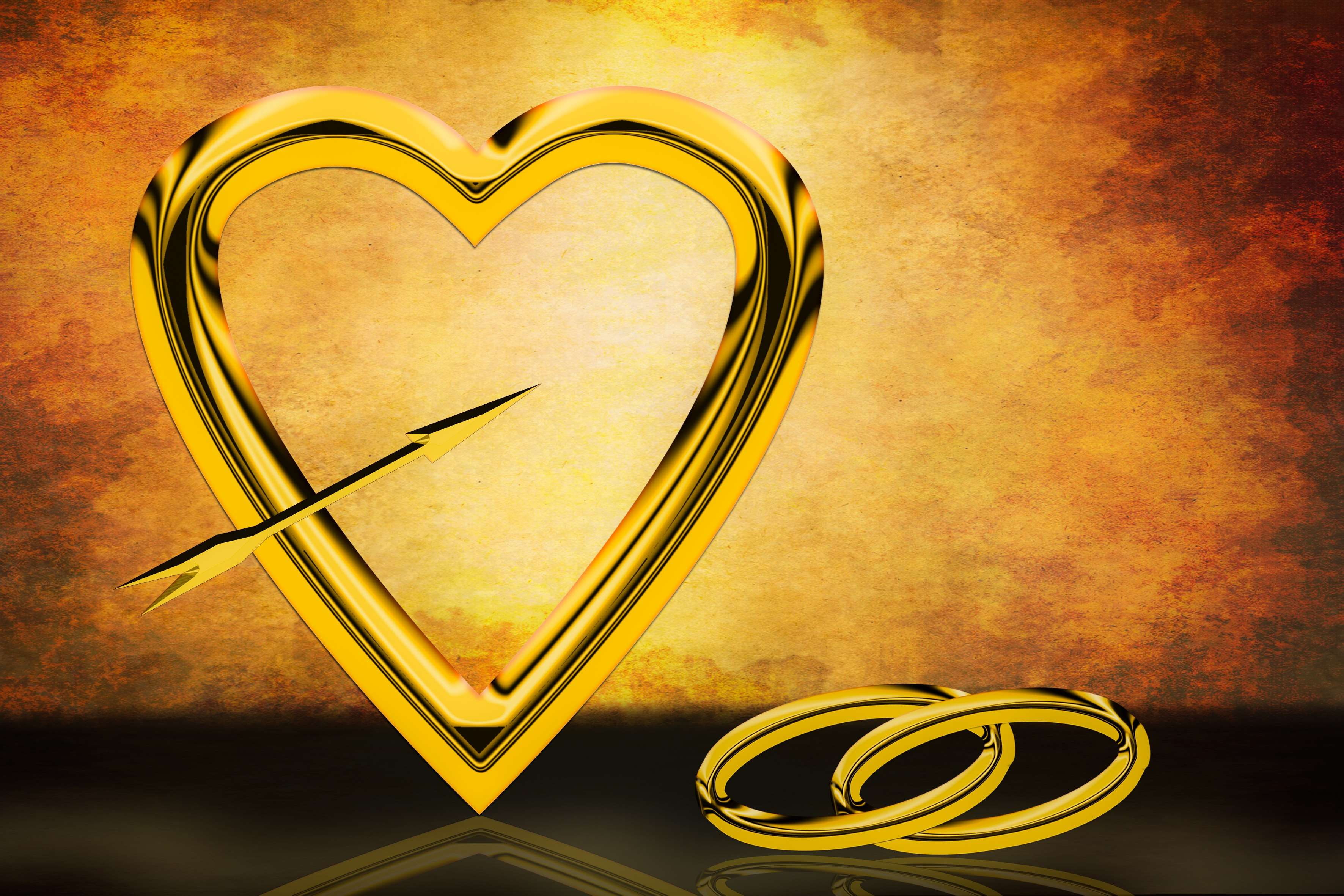 focus on foreground, pattern, craft, rings, valentines day - holiday, gold, design, still life, art and craft, feelings, wedding, love, yellow, heart shape, HD Wallpaper