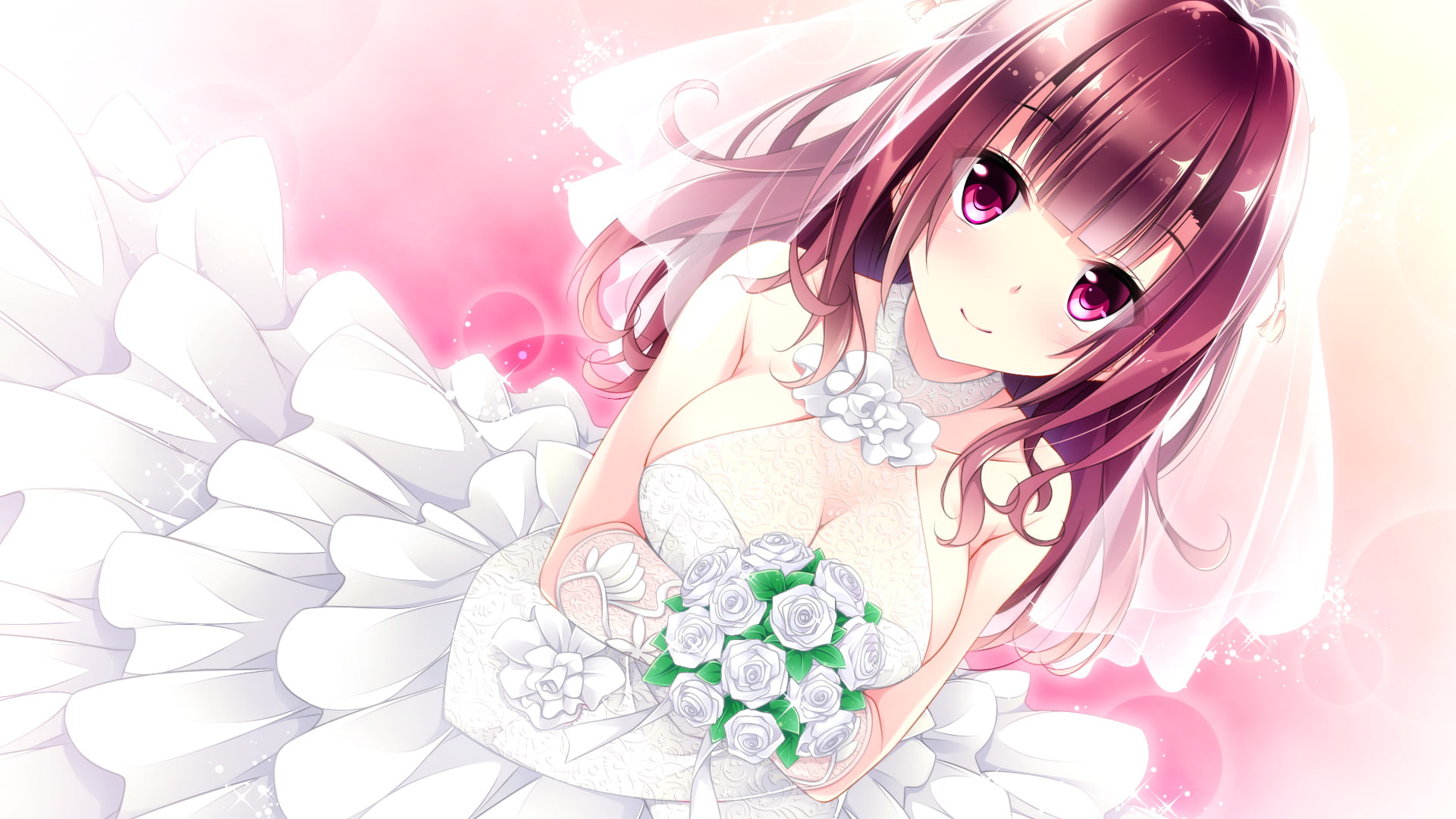 Flower, Red Hair, Anime, Golden Marriage - Jewel Days, Long Hair, Bride, 1080P, White Dress, Girl, Smile, Blush, Pink Eyes, HD Wallpaper