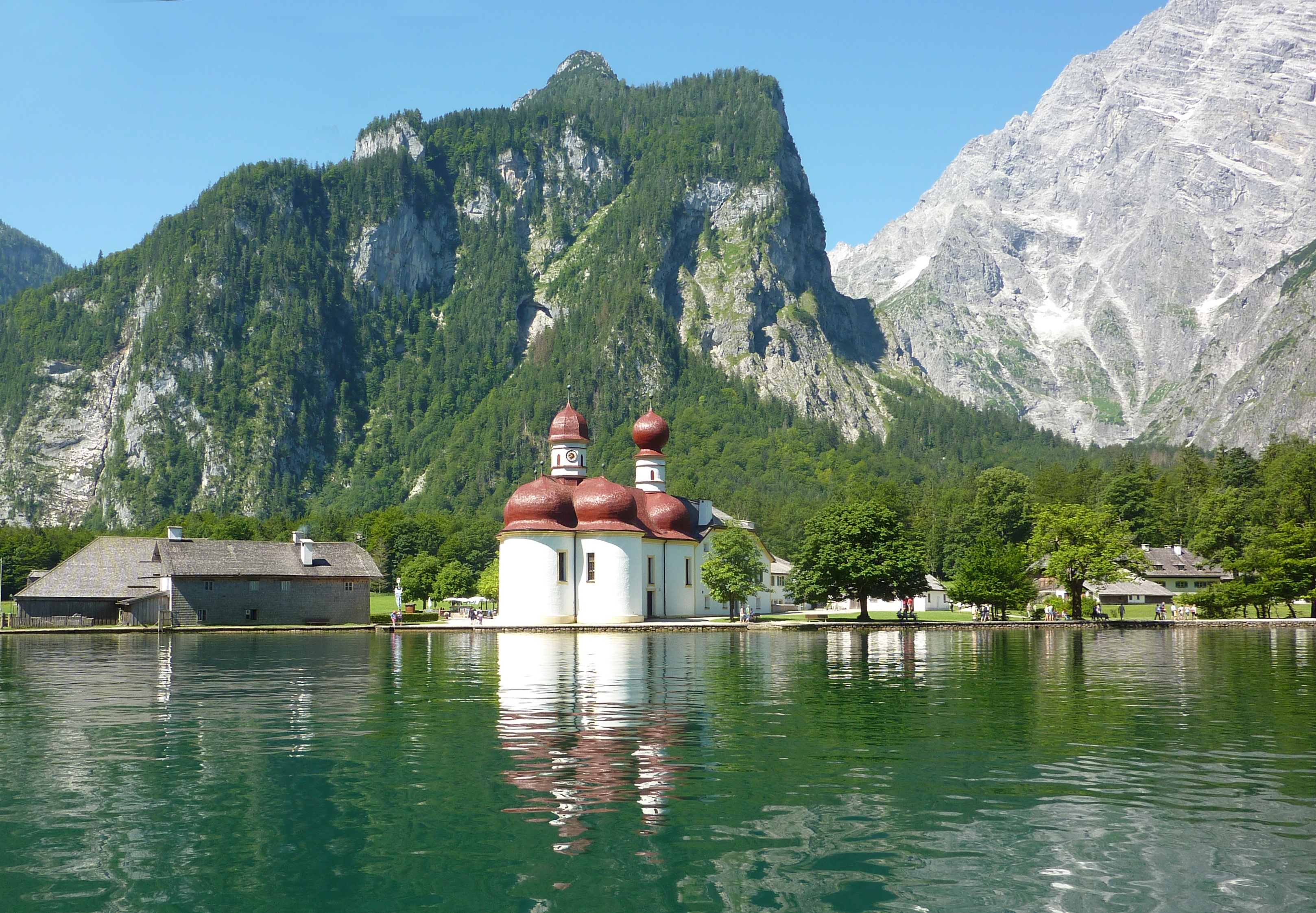 built structure, watzmann, sky, day, mountain, building exterior, place of worship, nature, lake, architecture, plant, religion, non-urban scene, tree, HD Wallpaper