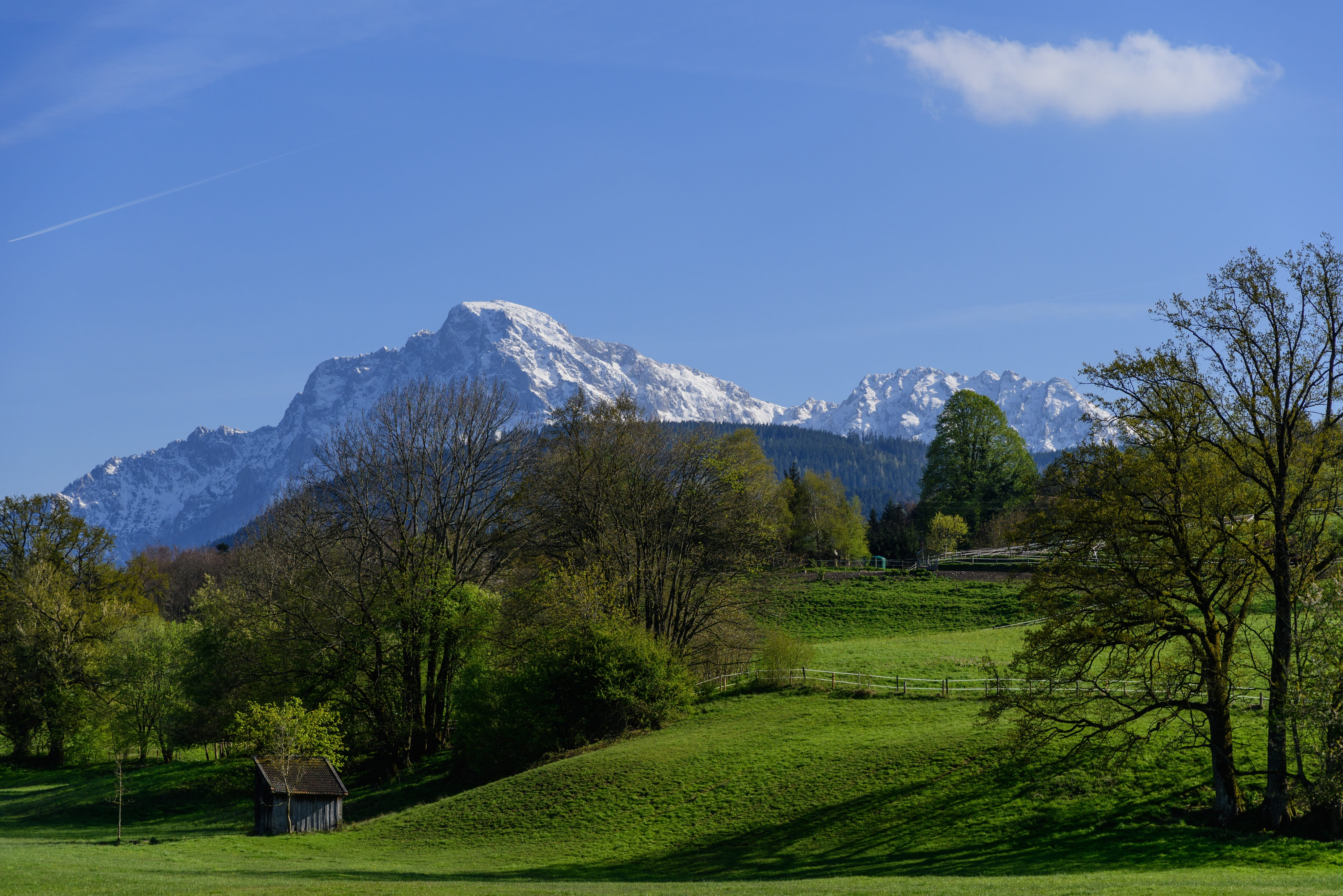 sky, Spring, 5K, spring, nature, berchtesgadener land, mountain range, grass, land, scenics, field, environment, no people, scenics - nature, tranquil scene, HD Wallpaper
