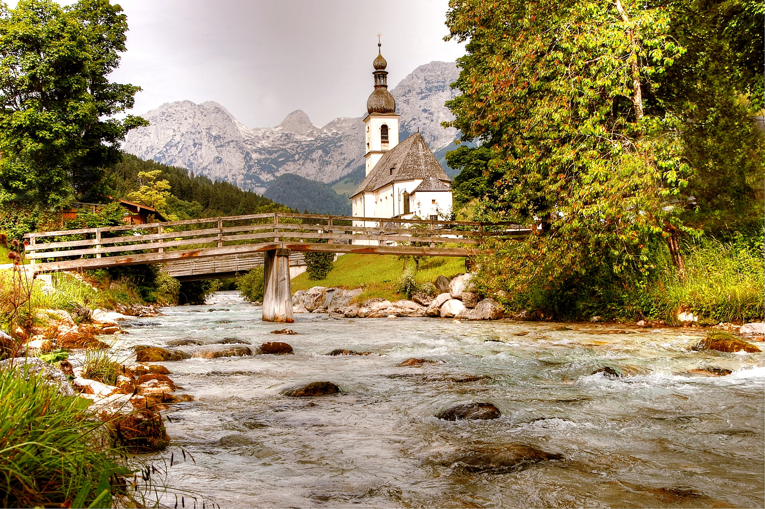 building, religion, water, place of worship, day, germany, nature, upper bavaria, river, flowing water, tree, flowing, spirituality, ramsau, sky, berchtesgaden, HD Wallpaper