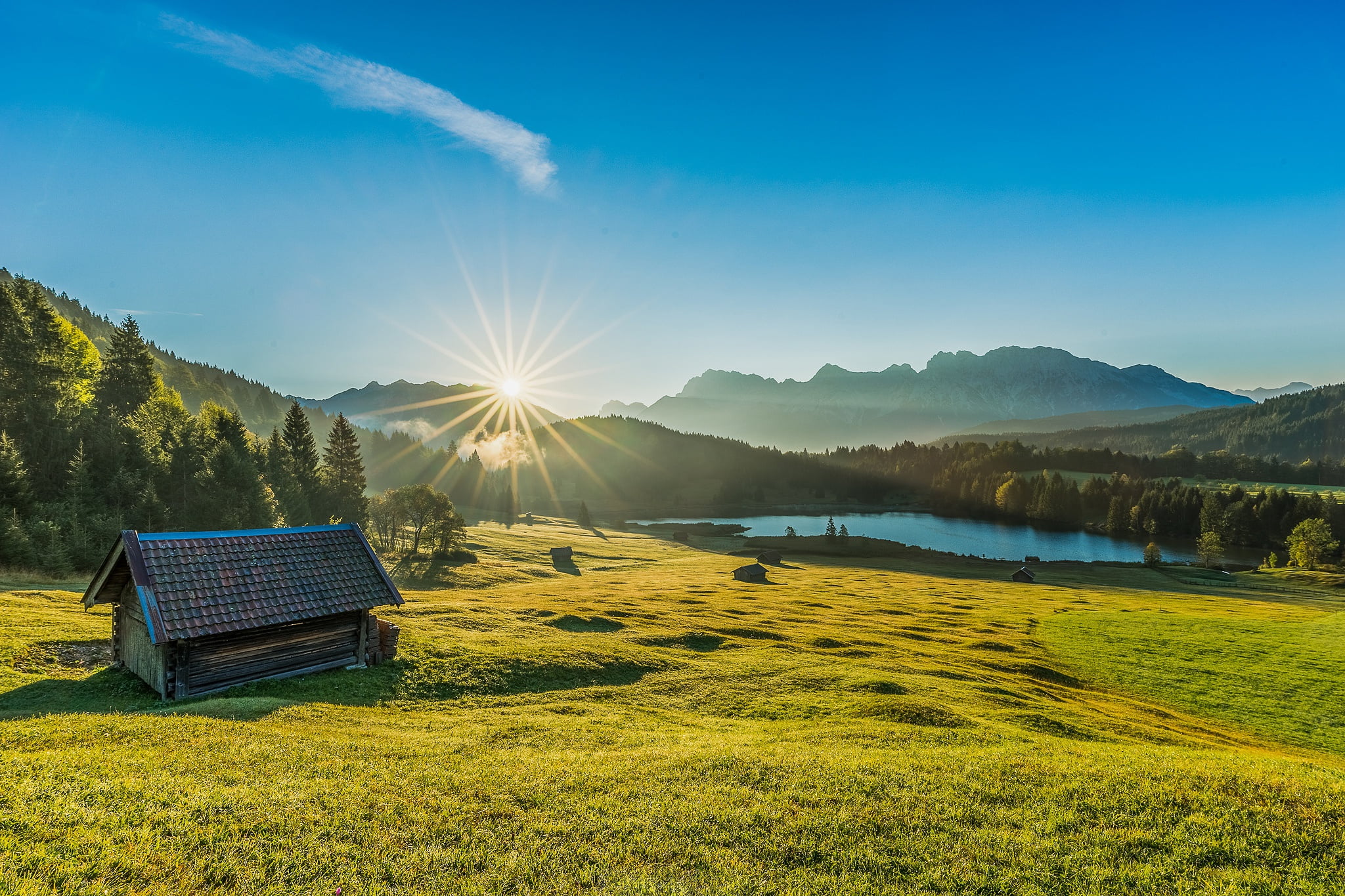 water, nature, The Bavarian Alps, 1080P, tranquil scene, sunrise, idyllic, tranquility, sky, meadow, green, landscape, lens flare, non-urban scene, hut, HD Wallpaper