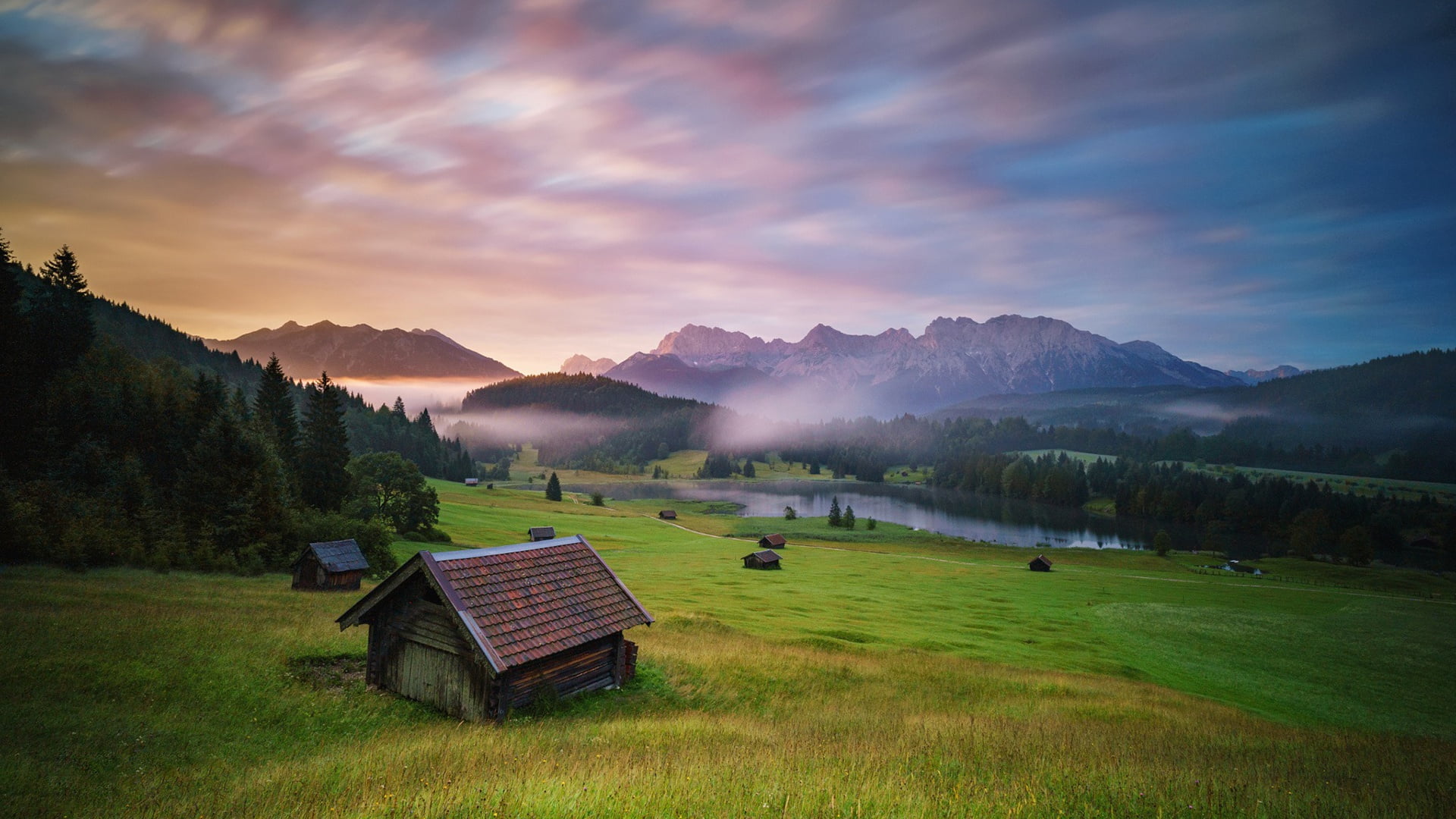 lake, photographer Andy Donath, Bavarian Alps, fog, 1080P, mountains, houses, Germany, forest, HD Wallpaper