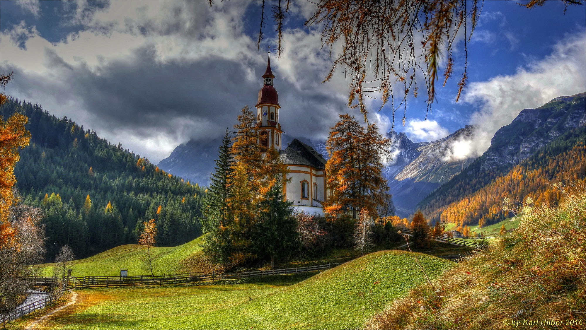 the sun, Obernberg am Brenner, Church, forest, Austria, Tribulaune, 1080P, HD Wallpaper